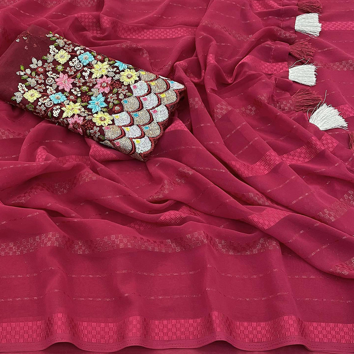 Peachmode Maroon Woven Georgette Saree With Tassels - view 2