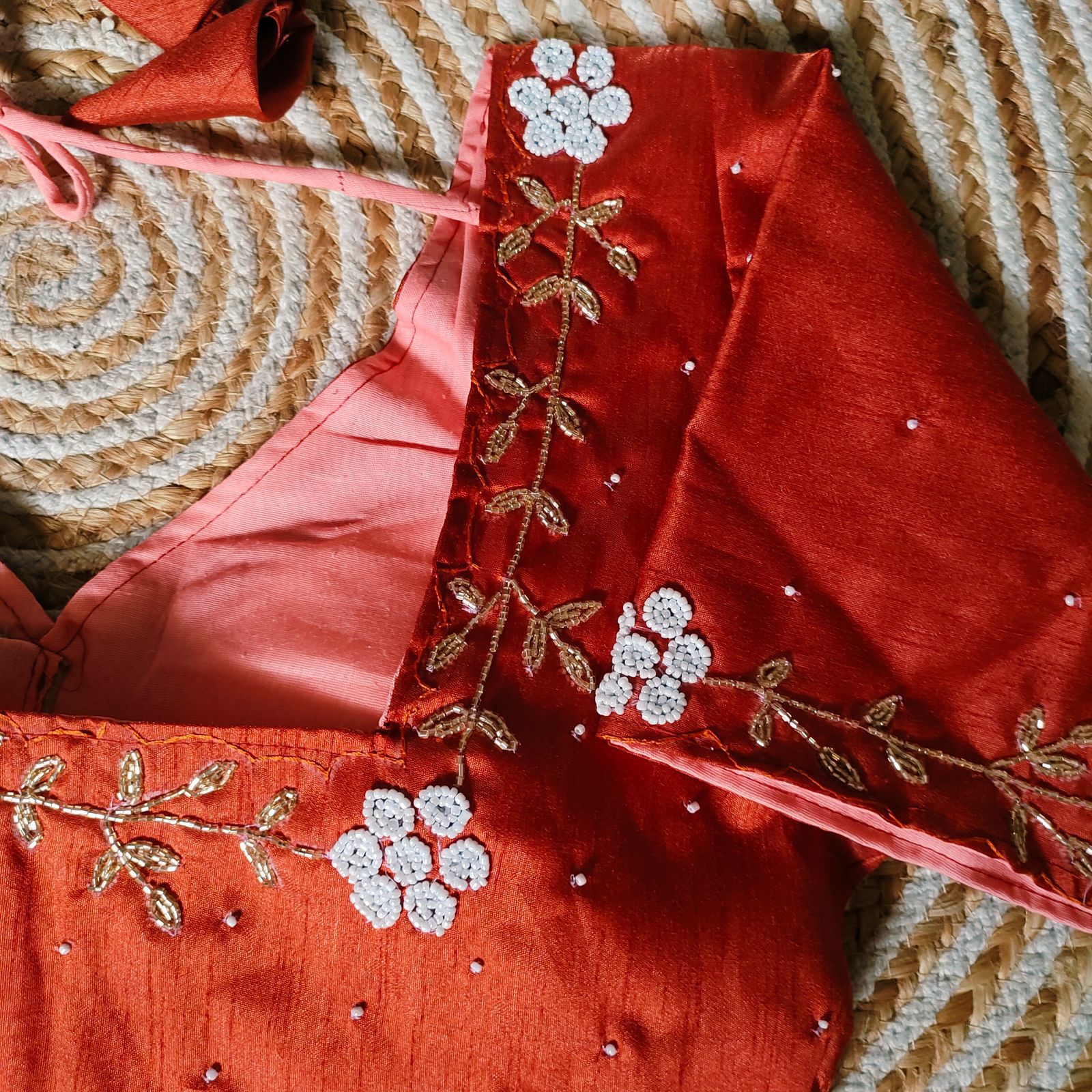 ClothsVilla Orange Festival Wear Blouse in Assami Silk with Handcrafted Golden and Pearl Work - view 2