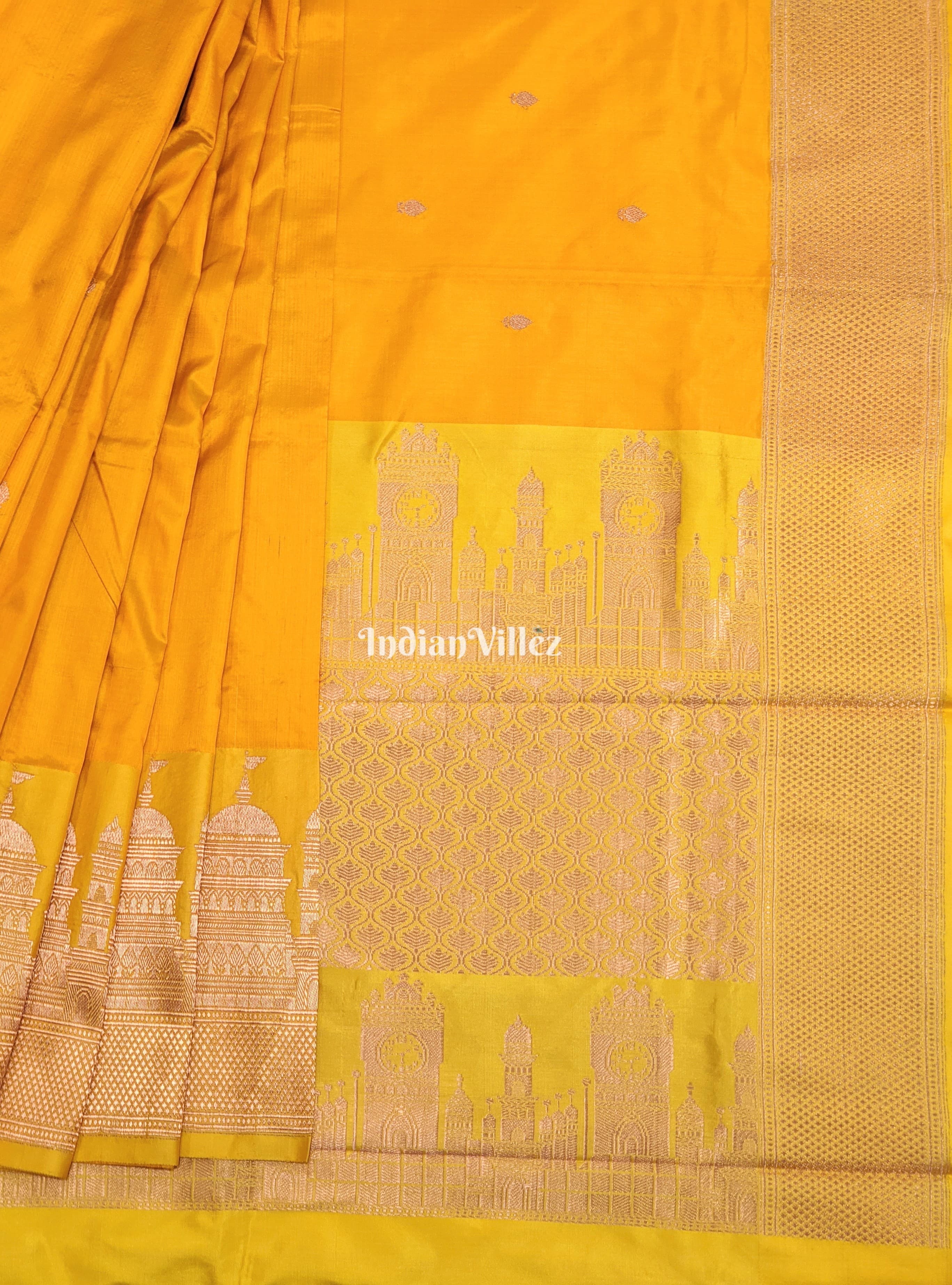 IndianVillèz Yellow Banarasi Katan Silk Saree Inspired by Big Ben, London & United States Capitol, Washington DC