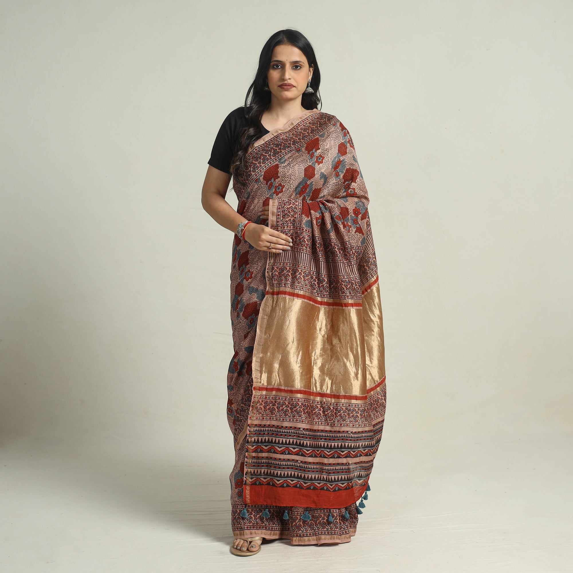 AJRAKH BY JABBAR KHATRI Brown - Chanderi Silk Block Printed Ajrakh Saree 15