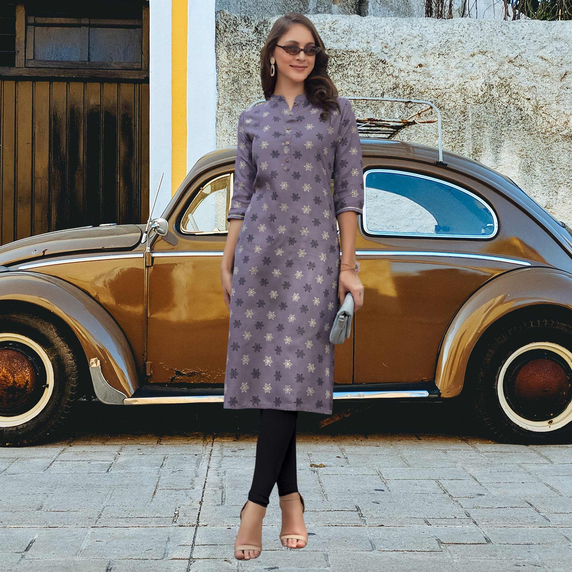 Peachmode Seller Light Purple Printed Cotton Blend Kurti - view 2