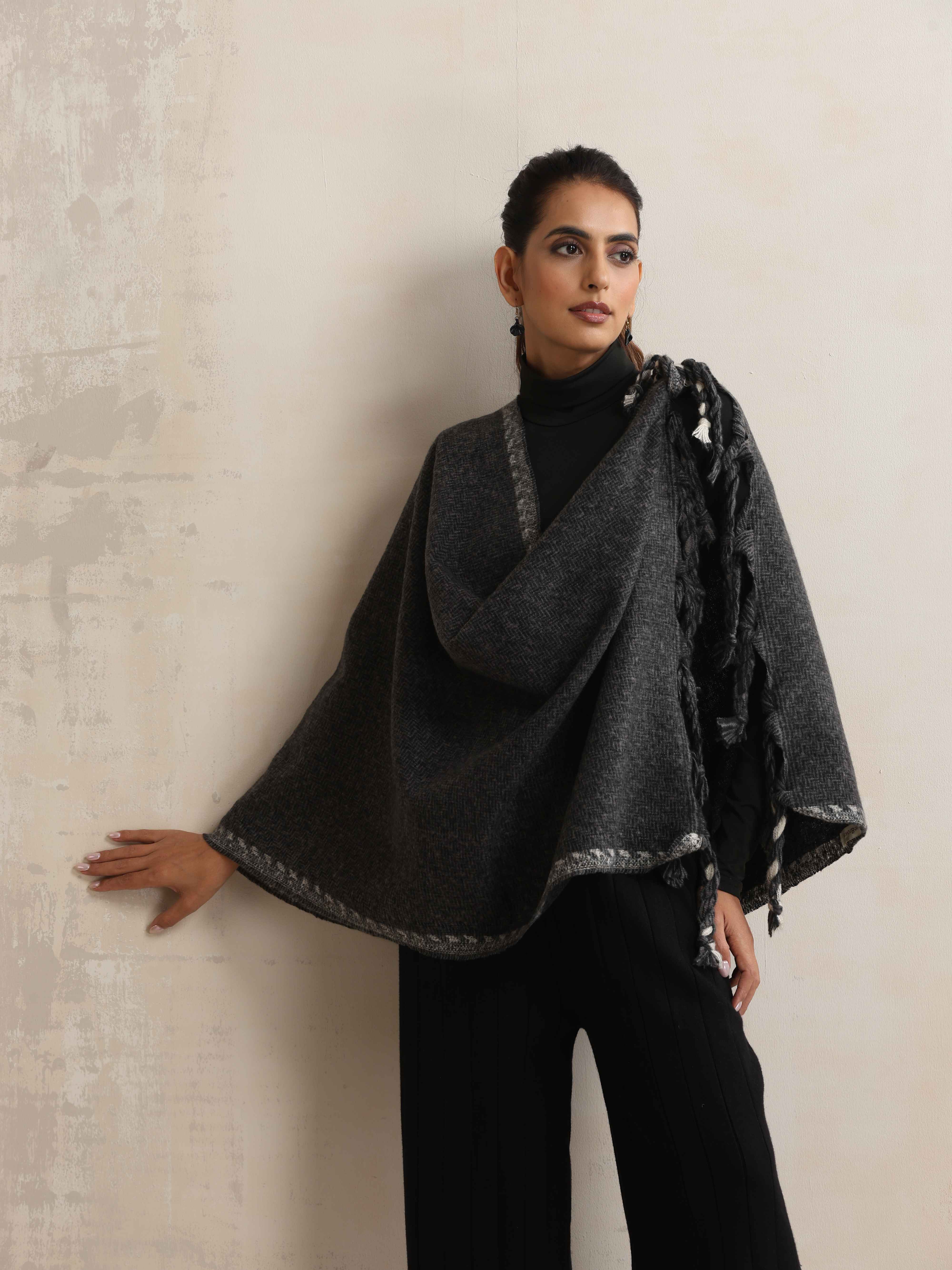 trueBrowns Black Tassel Woollen Stole - view 3