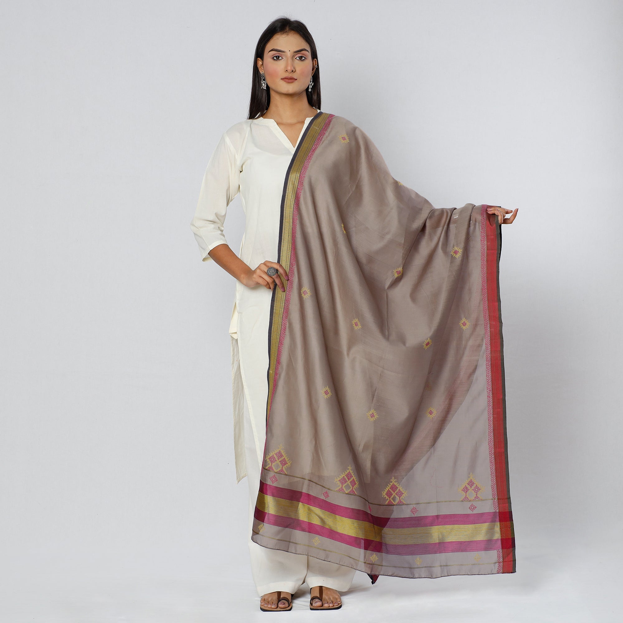 ITOKRI CRAFTS INITIATIVE Brown - Gavanti Kasuti Embroidery Handloom Maheshwari Silk Dupatta - view 2