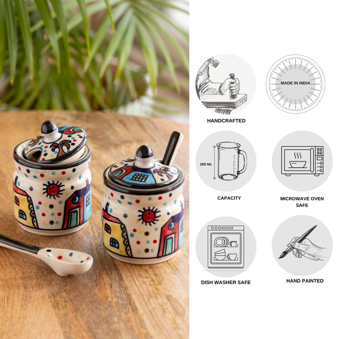 EXCLUSIVELANE 'Hut Handpainted' Ceramic Pickle & Chutney Jars With Spoons (Set Of 2) - view 5
