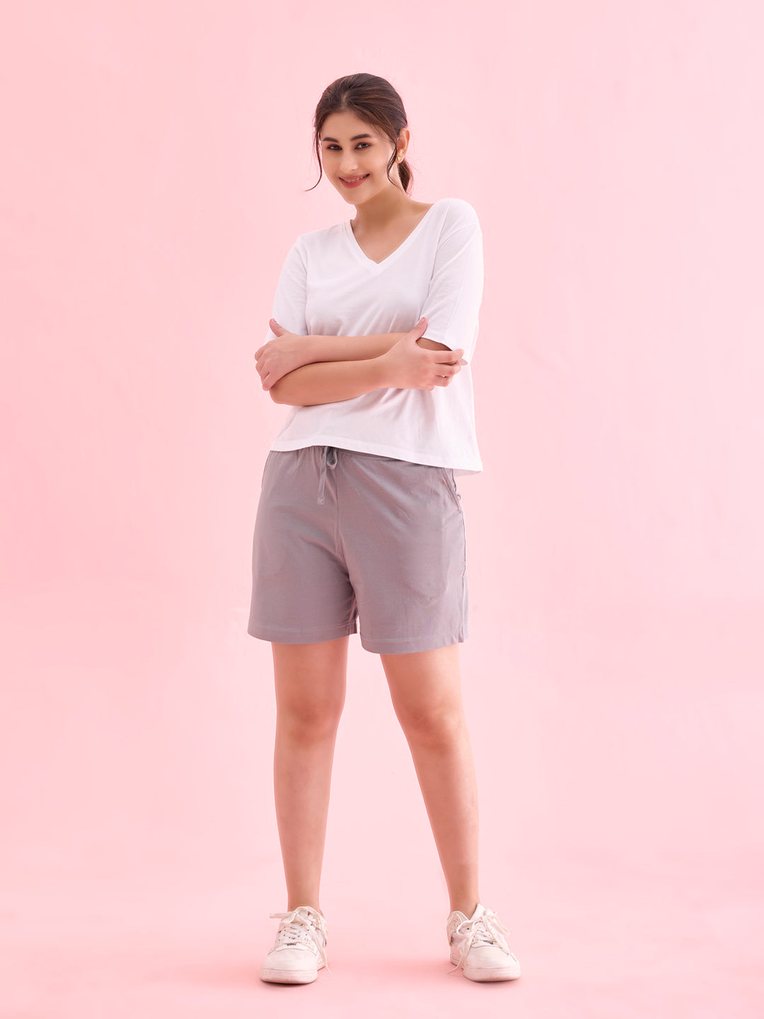 Go Colors Women Solid Ebony Grey Mid Rise Casual Shorts