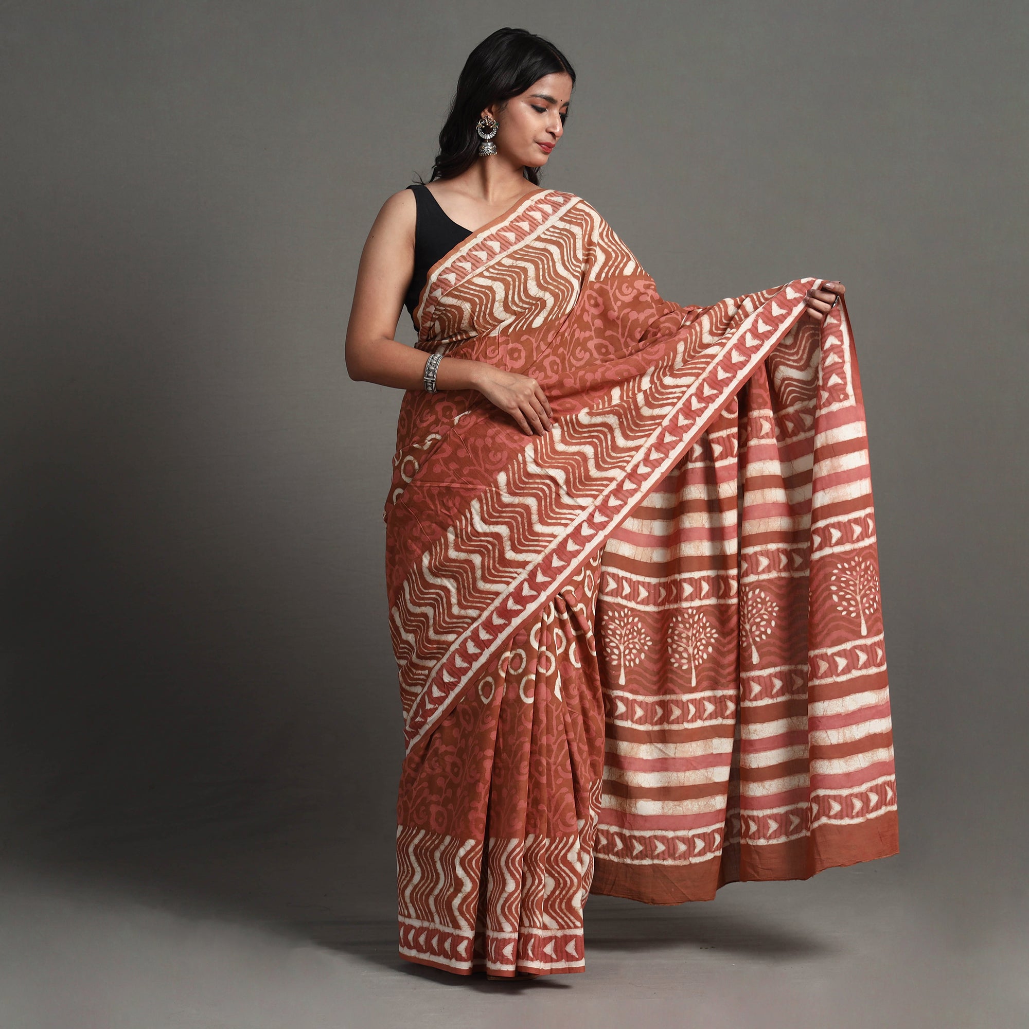 ARTISAN HAND BLOCK PRINTS Brown - Bagru Dabu Block Printed Mul Cotton Saree - view 2
