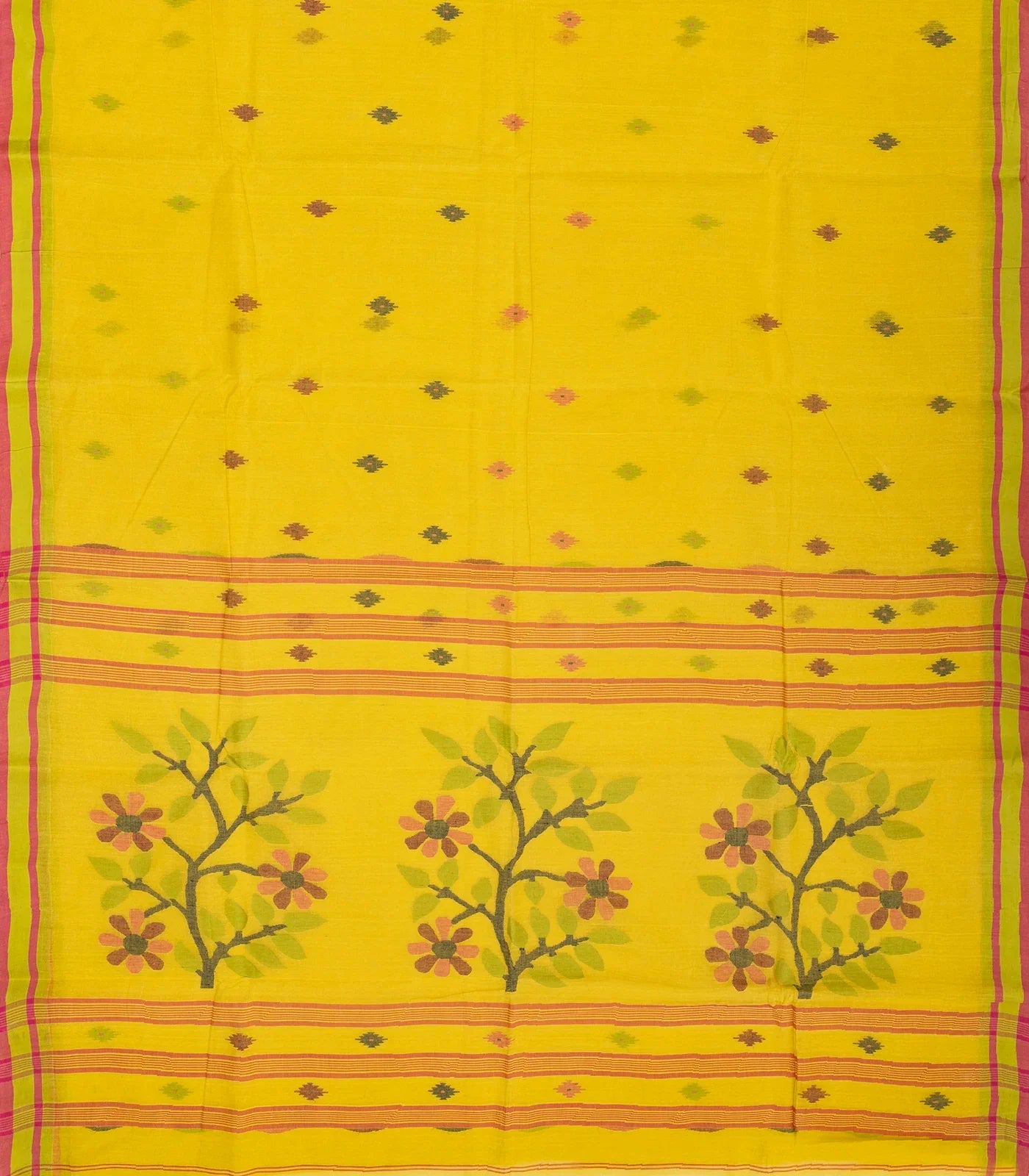 RmKV Lemon Yellow Handloom Bengal Cotton Saree With Diamond Motifs - view 2