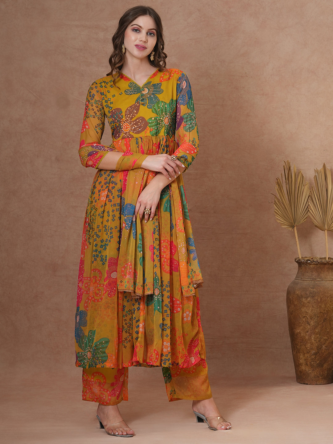 FASHOR Abstract Floral Printed A-Line Pleated Kurta with Palazzo & Dupatta - Green