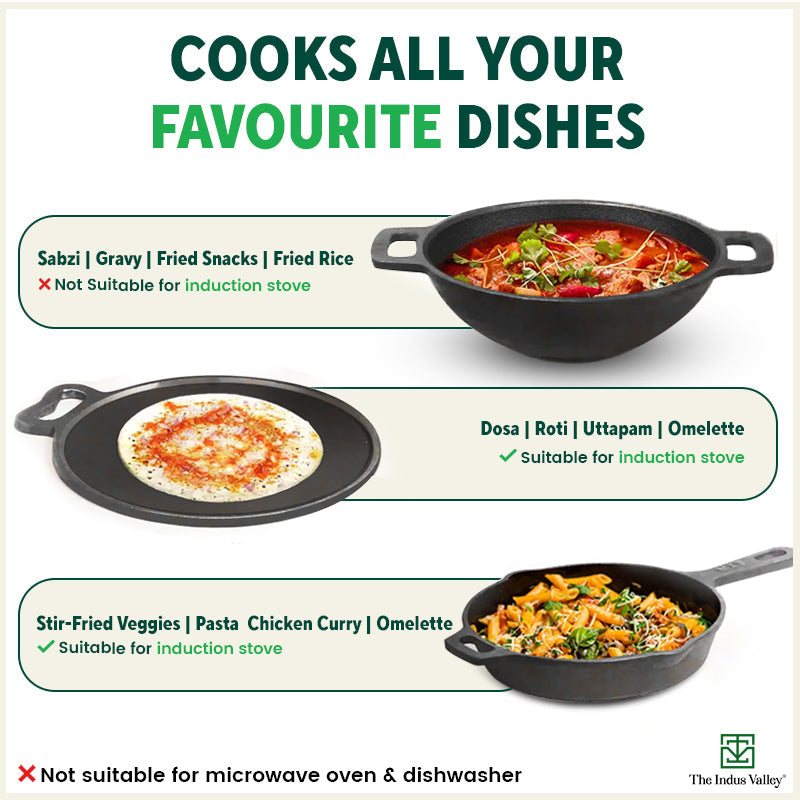 The Indus Valley Super Smooth Cast Iron Set: Free ₹400 Tadka Pan+ Frypan+ Kadai+ Tawa, Kitchen set for Home, Nonstick, 100% Pure,Toxin-free - view 11