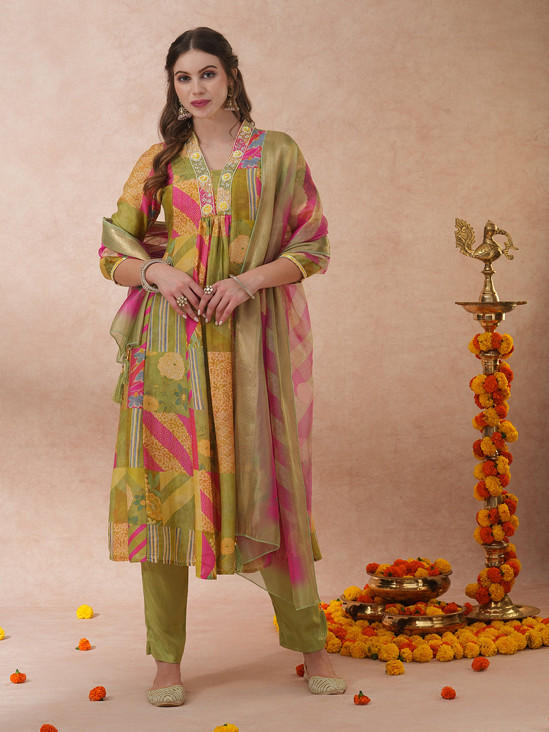 FASHOR Abstract Floral Printed & Hand Embroidered A-Line Kurta with Pant & Dupatta - Green