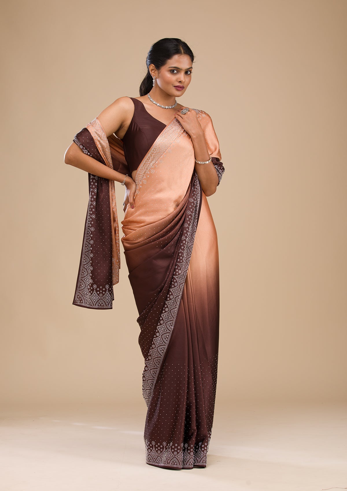 Koskii Brown Zariwork Georgette Saree – Women's