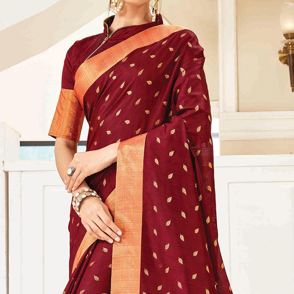 Peachmode Charming Wine Colored Festive Wear Woven Handloom Silk Saree With Tassels - view 2