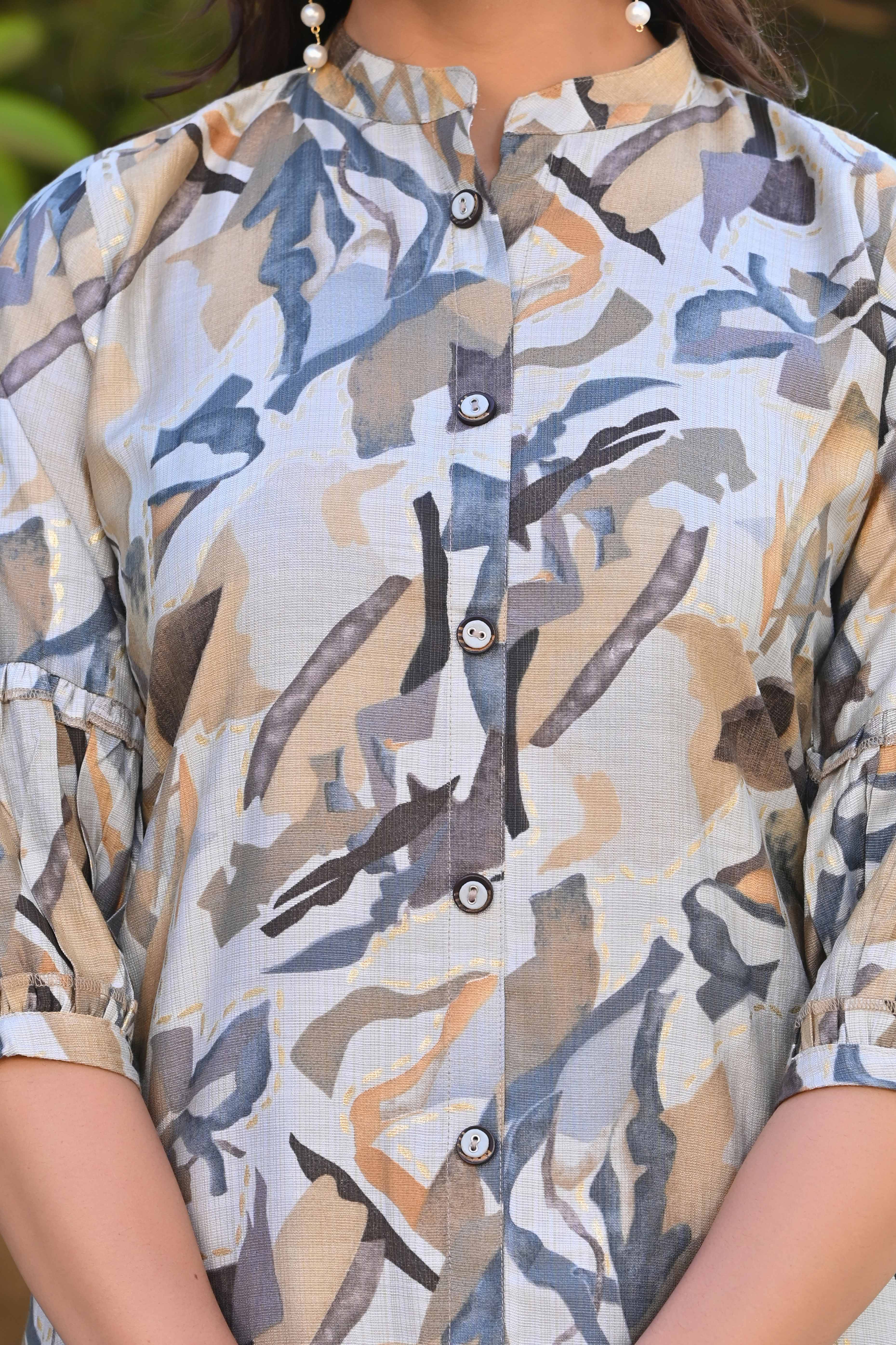 Peachmode Grey Printed Heavy Viscose A-Line Co-Ord Set - view 2