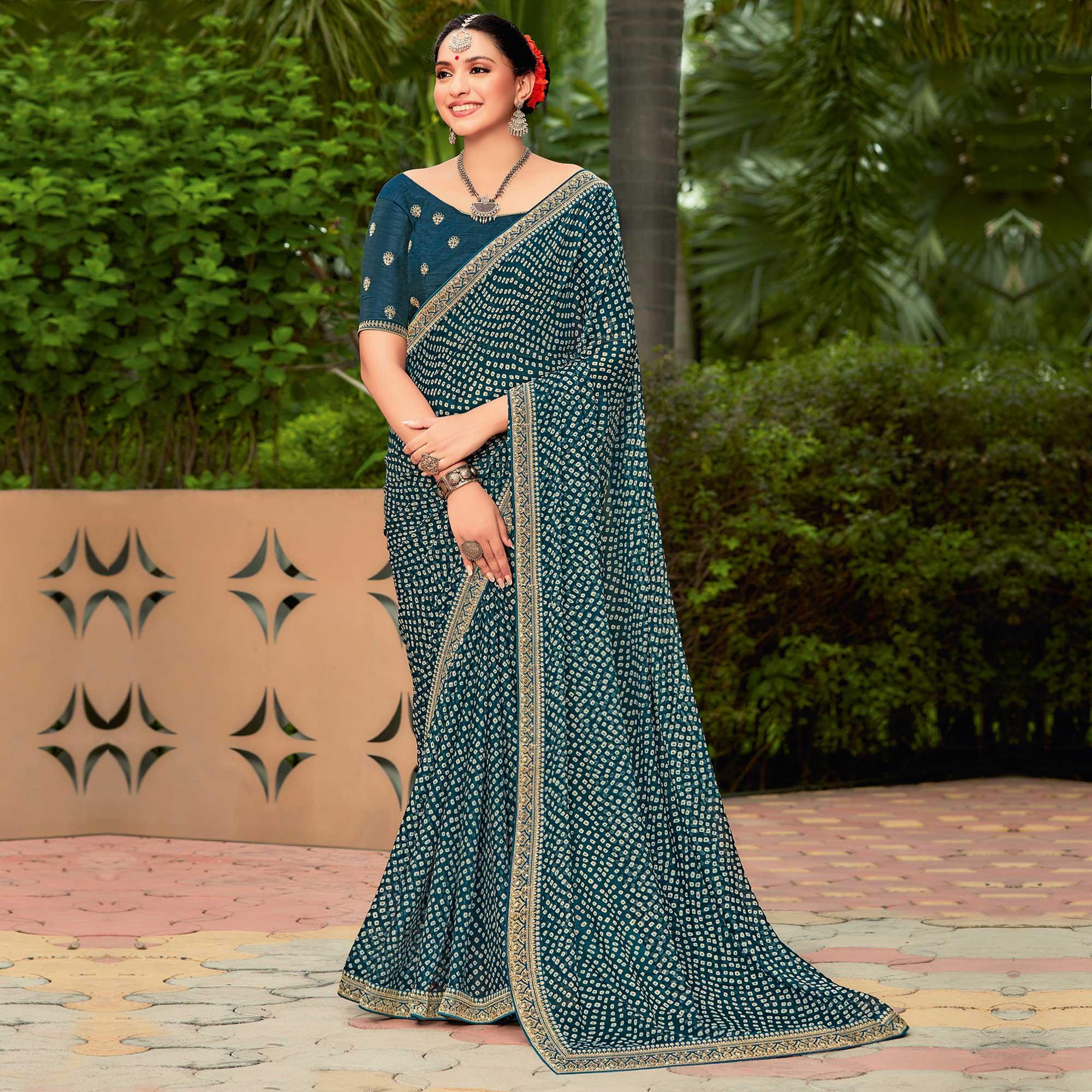 Peachmode Dark Teal Blue Partywear Printed Chiffon Saree With Border