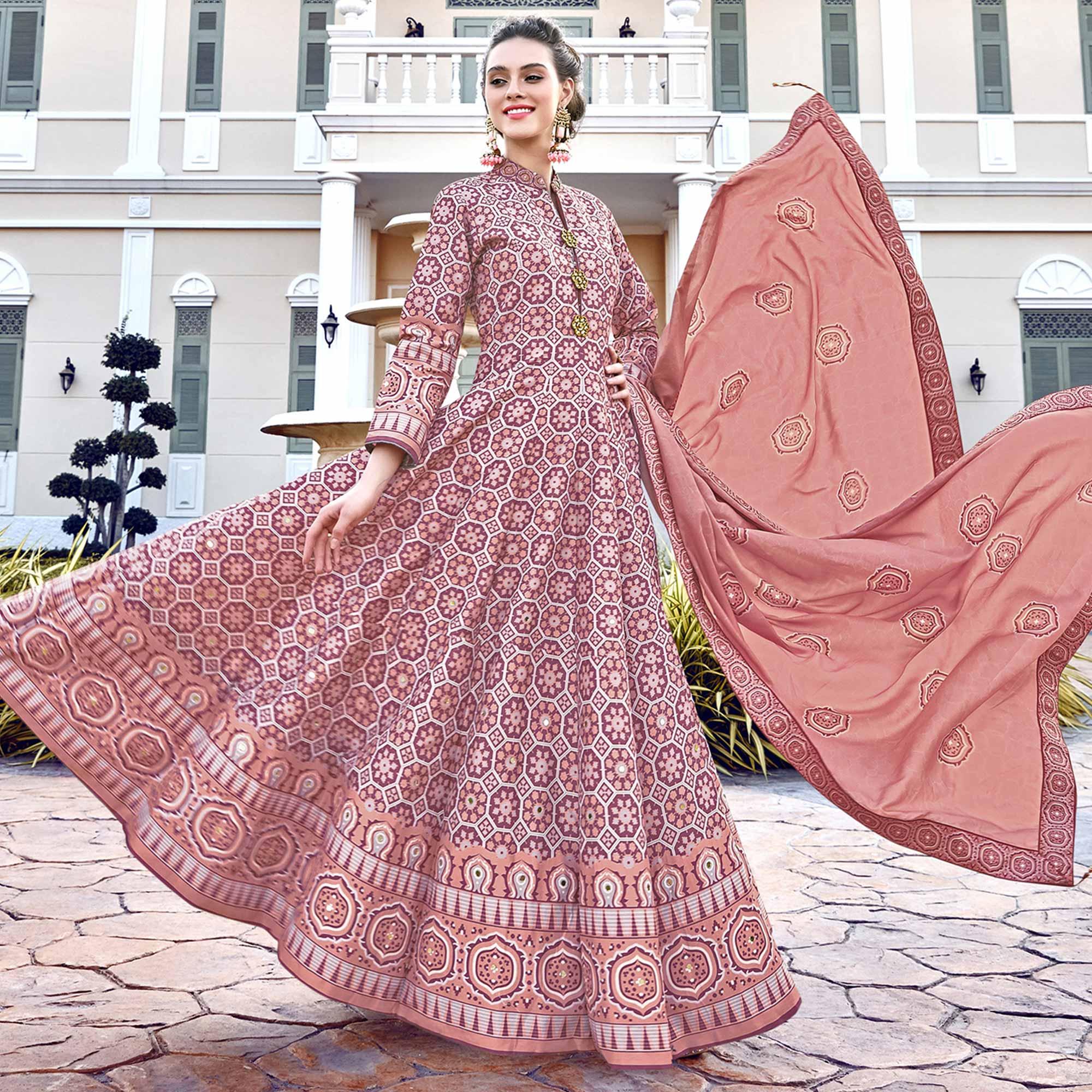 Peachmode Seller Elegant Light Salmon Colored Partywear Designer Digital Patola Print Killer Silk Anarkali Suit