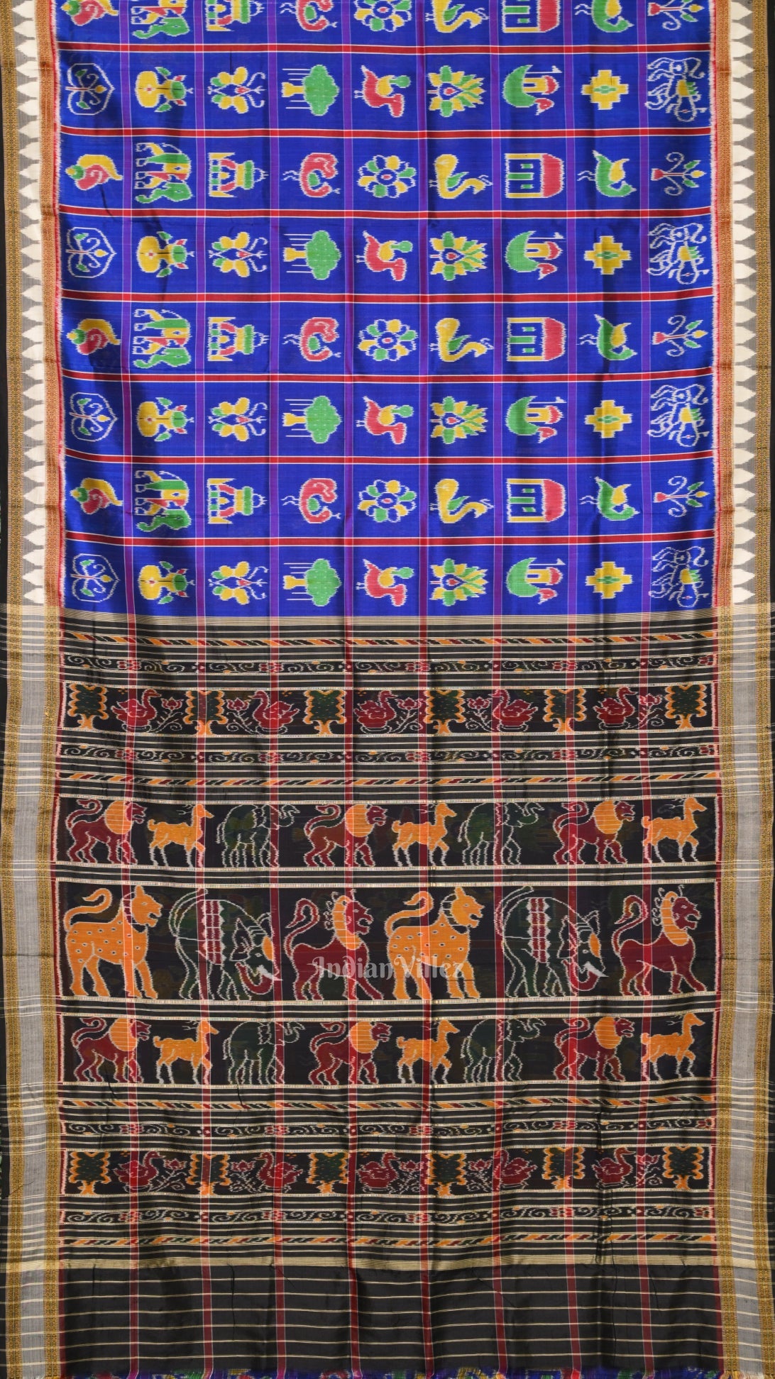 IndianVillèz Blue Nabakothi Odisha Ikat Khandua Silk Saree with Jungle Theme Pallu