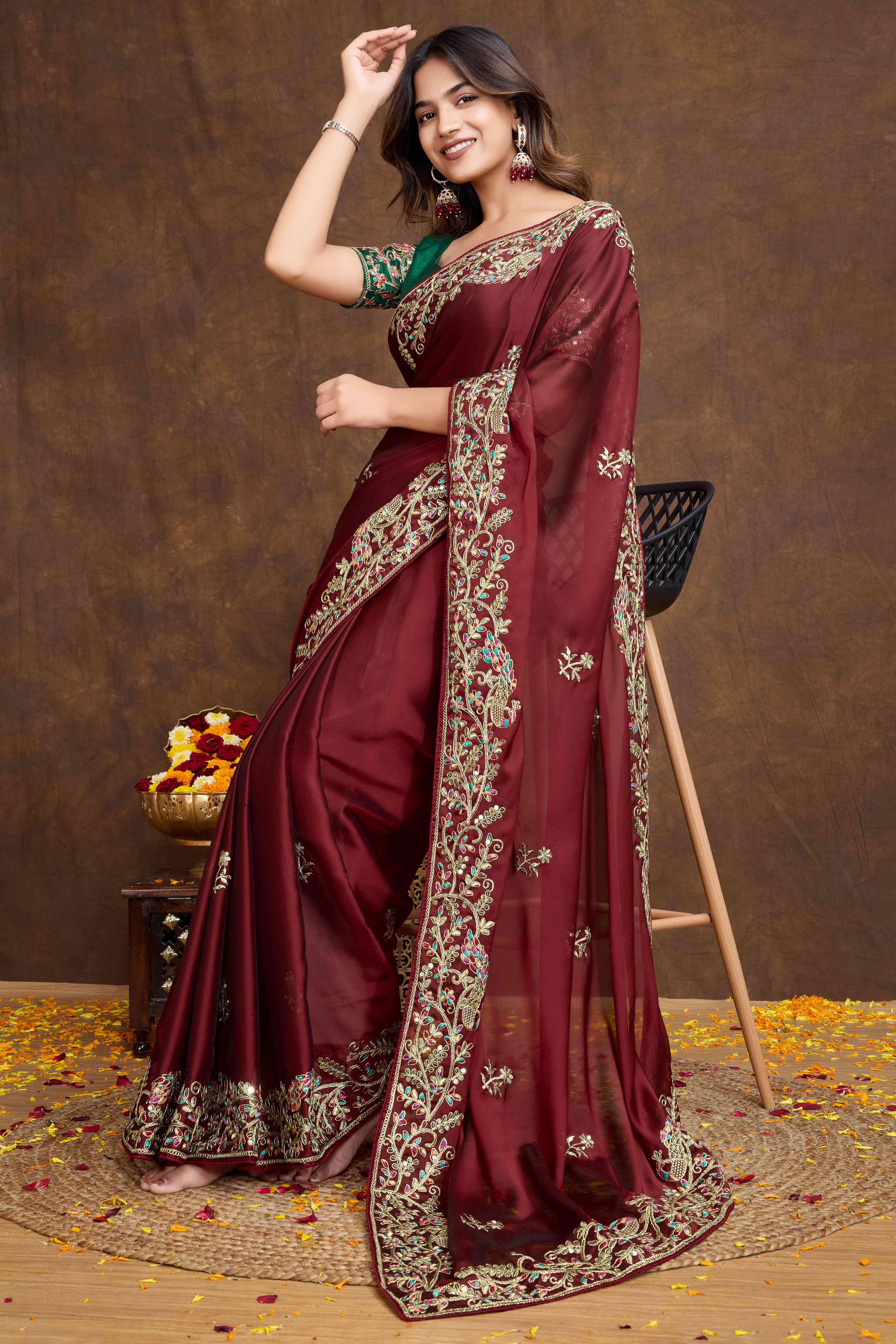 Peachmode Maroon Floral Sequins Embroidered Vichitra Rangoli Silk Saree