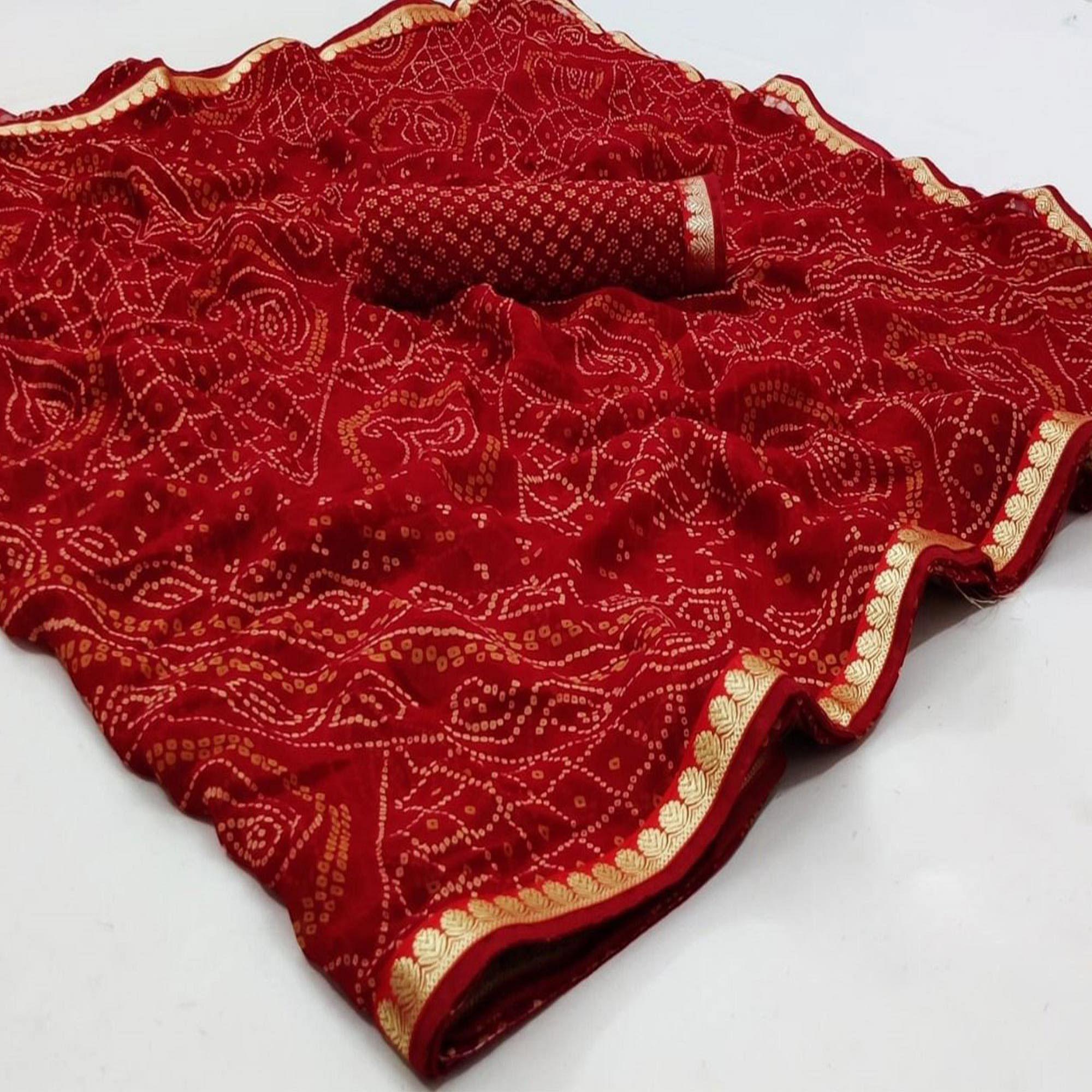 Peachmode Dark Red Bandhani Printed Georgette Saree