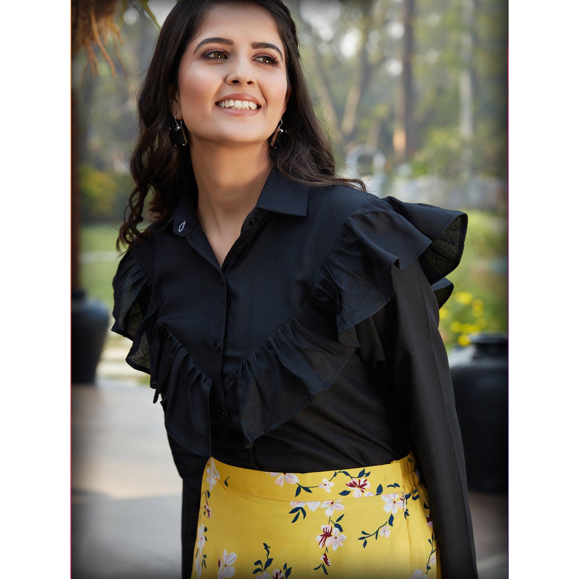 Peachmode Seller Intricate Black - Yellow Colored Casual Wear Printed Western Crop Top - Skirt Set - view 3