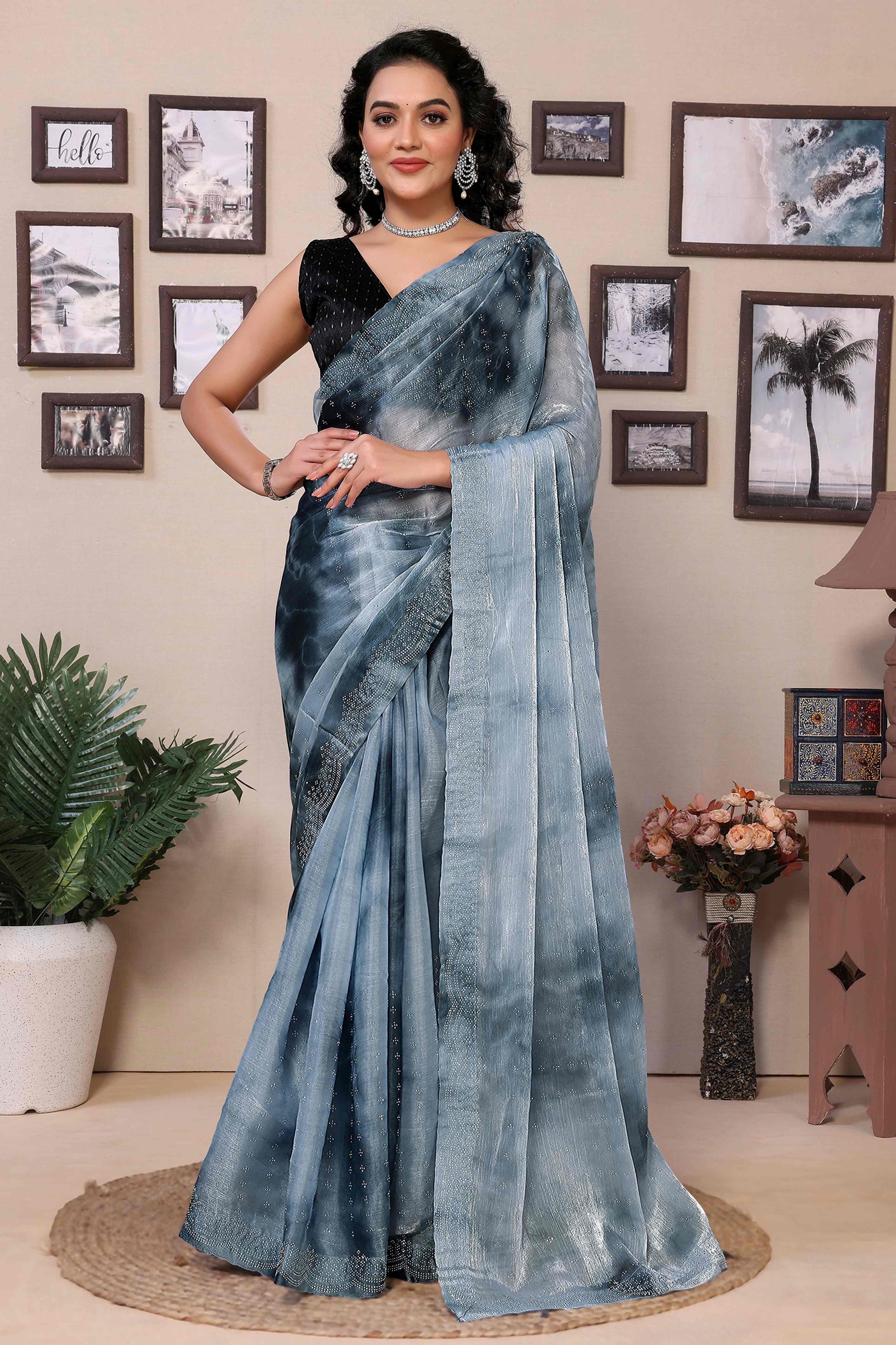 Peachmode Seller Grey Printed With Diamond Work Zimmi Choo Organza Ready To Wear Saree