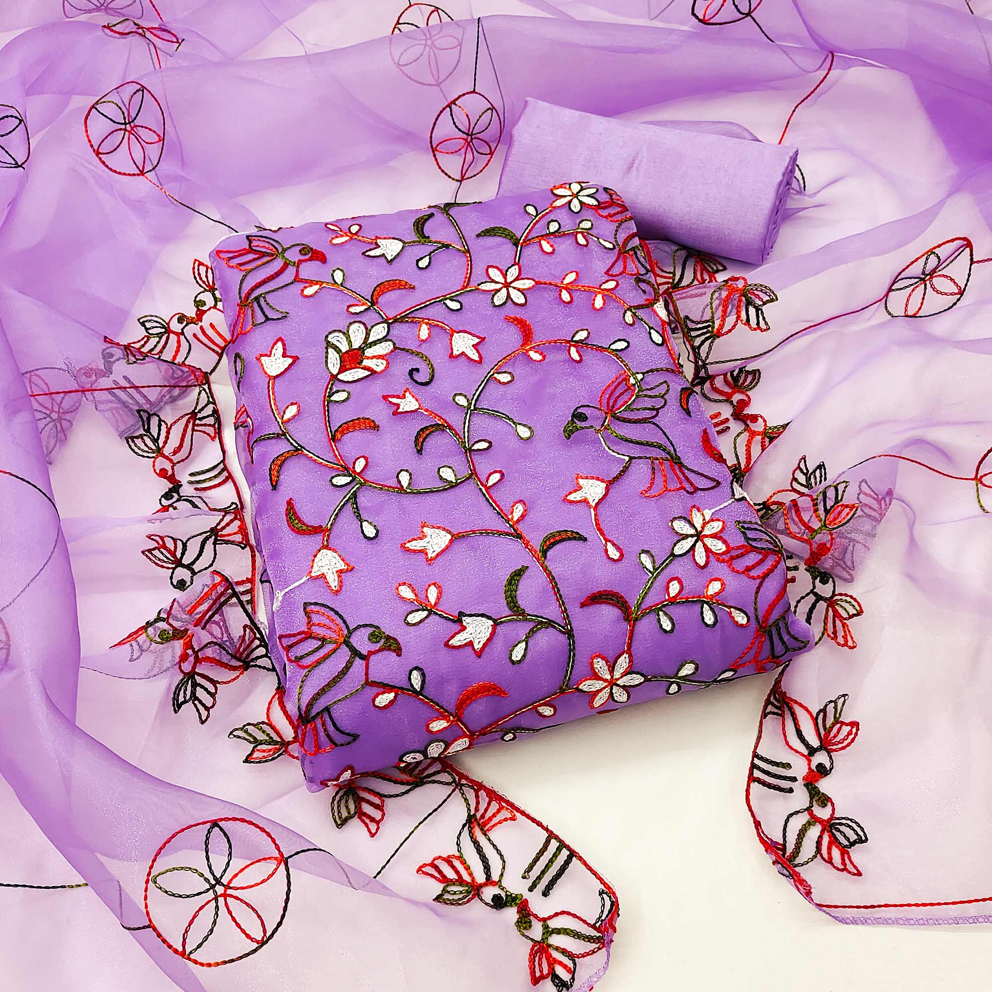 Peachmode Lavender Floral Embroidered Organza Dress Material