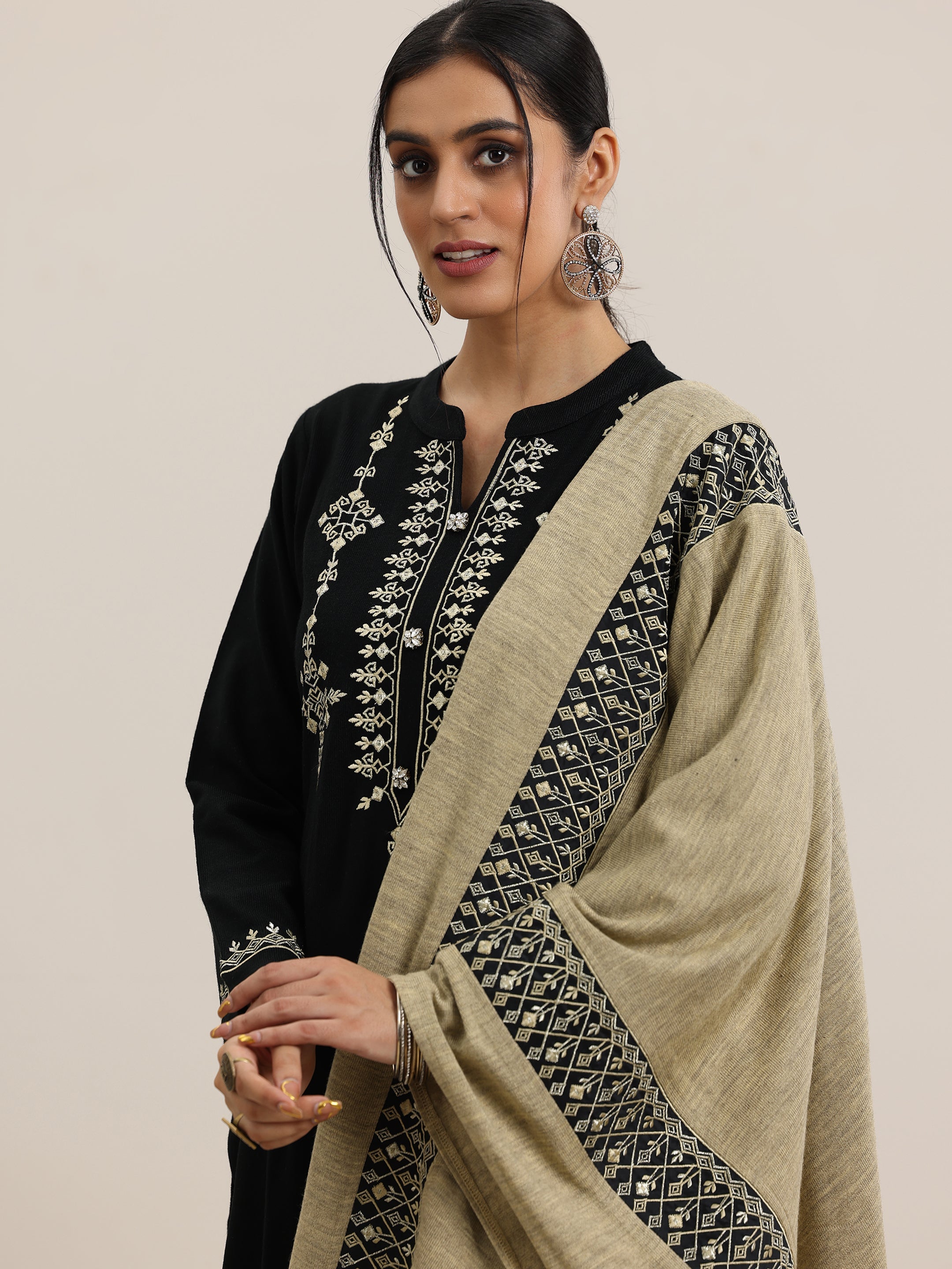 Libas Black Yoke Design Wool Blend Straight Suit With Dupatta - view 8