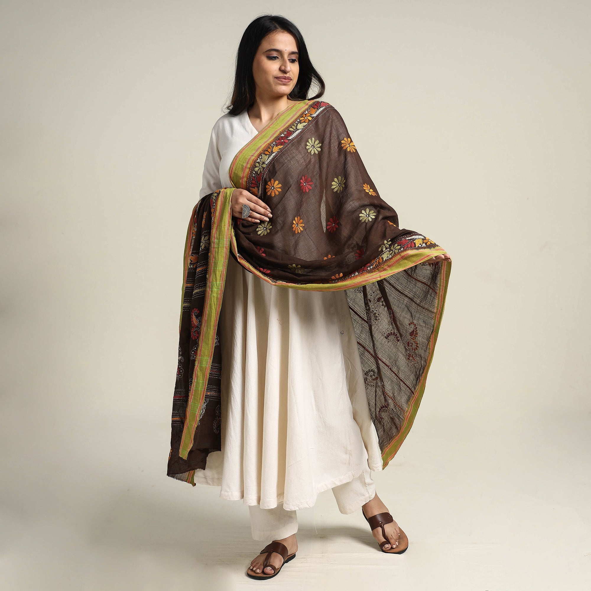 KHUSHBASH - HAPPY LOOM OF EAST Brown - Bengal Kantha Embroidered Cotton Handloom Dupatta - view 2