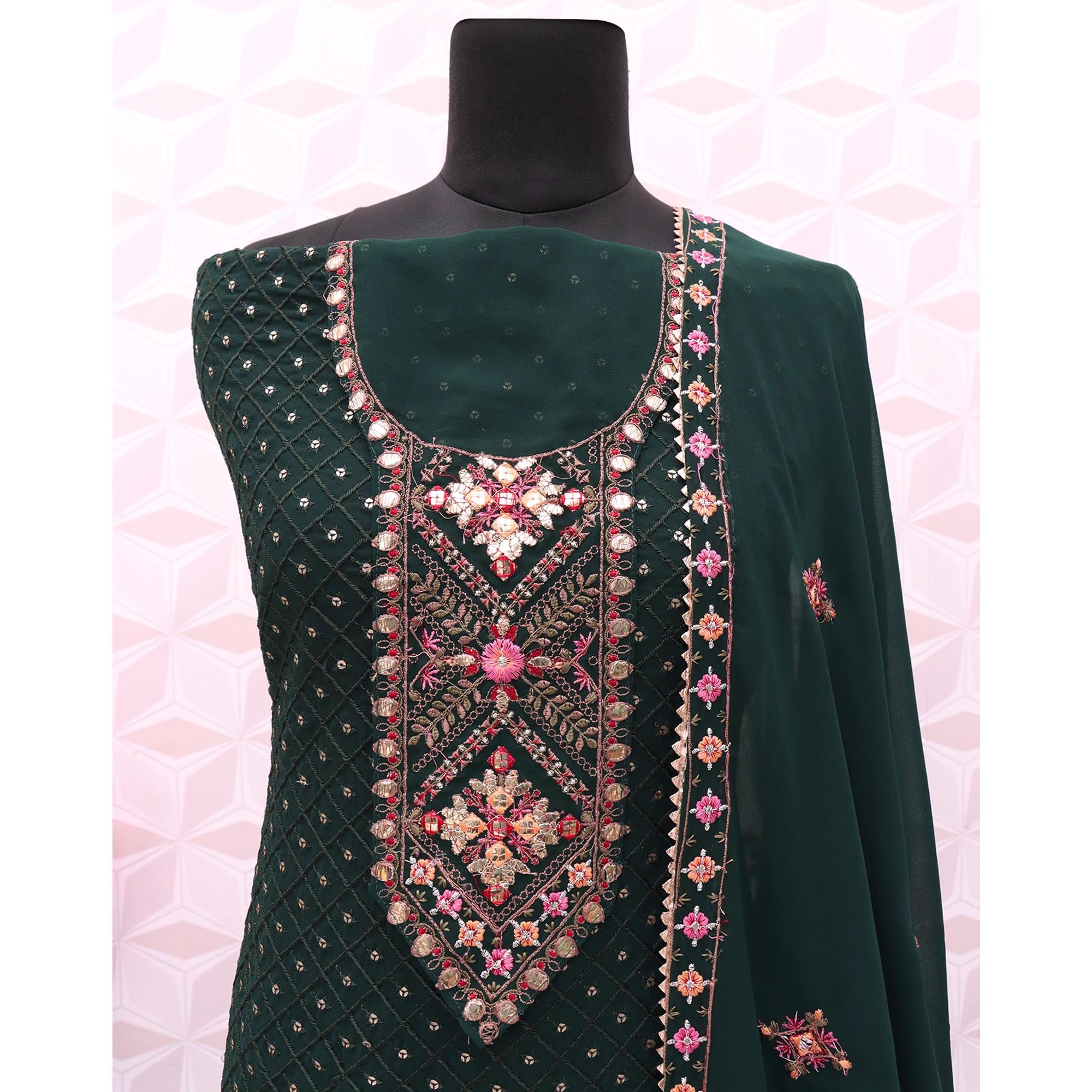 Peachmode Dark Green Sequins Embroidered Georgette Semi Stitched Salwar Suit - view 6