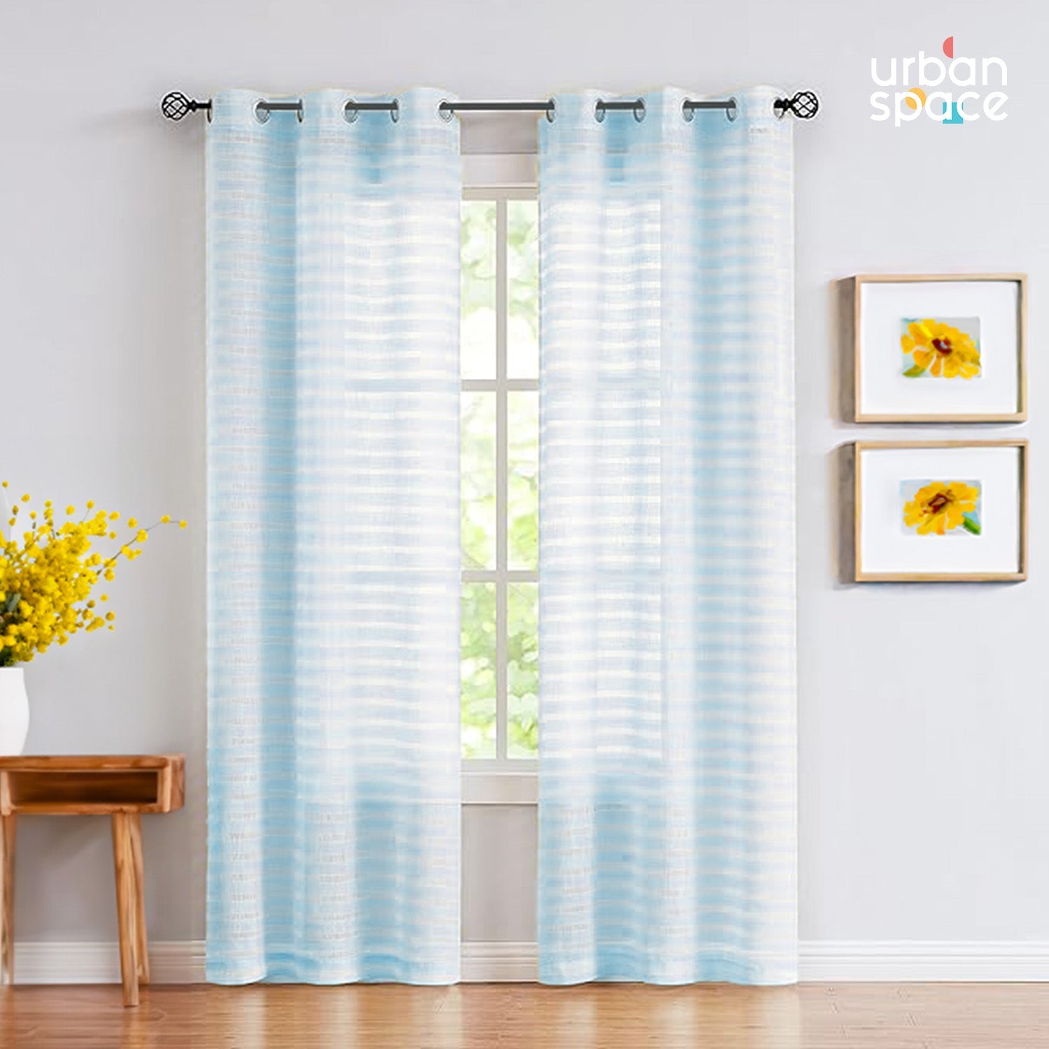 Urban Space -Home Furnishing Store Aari Collection Embriodered Sheer Curtains, 35-40 % Light Filtering Curtains - Pack of 2 - Horizontal Weaves SkyBlu - view 3
