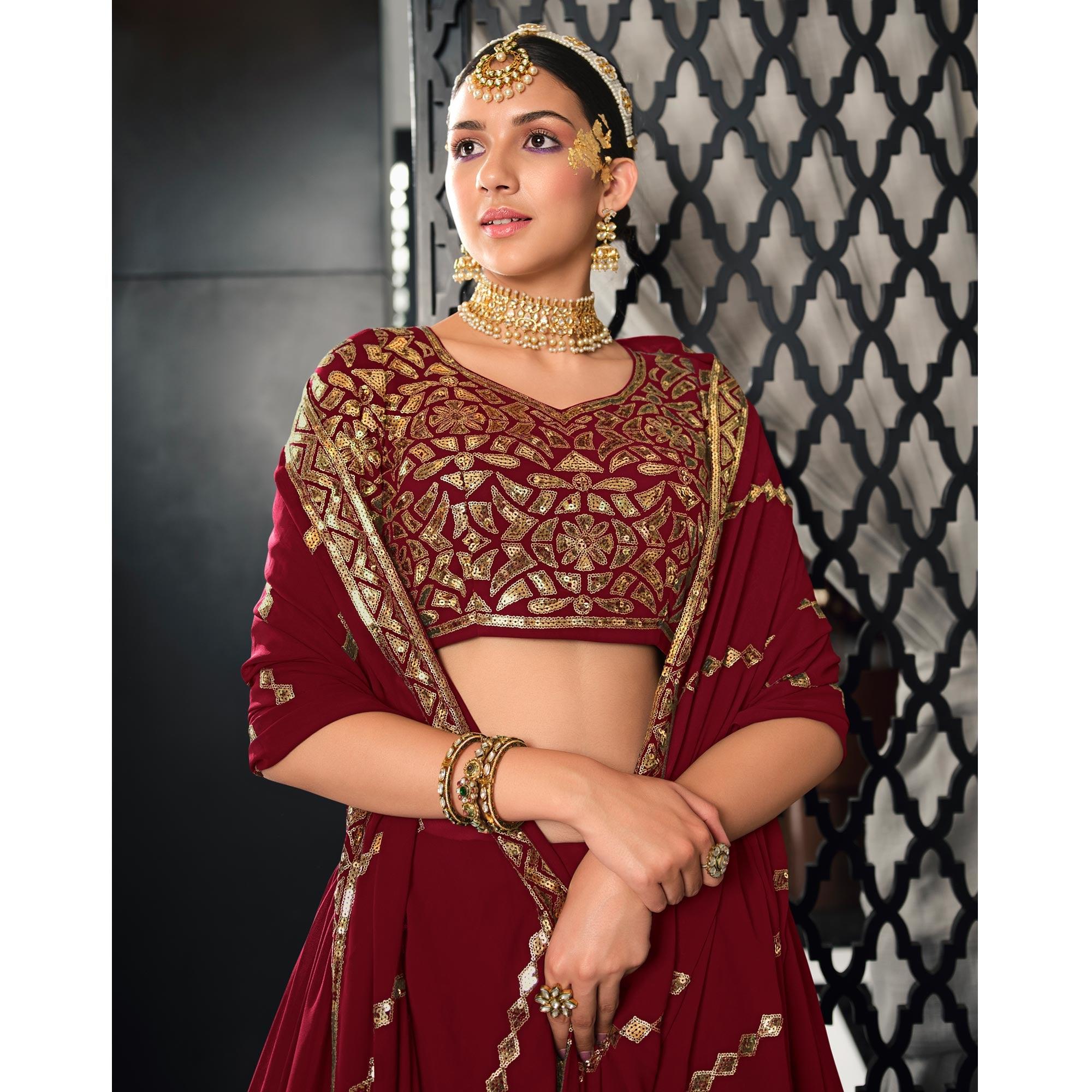 Peachmode Maroon Sequins Embroidered Georgette Lehenga Choli - view 4
