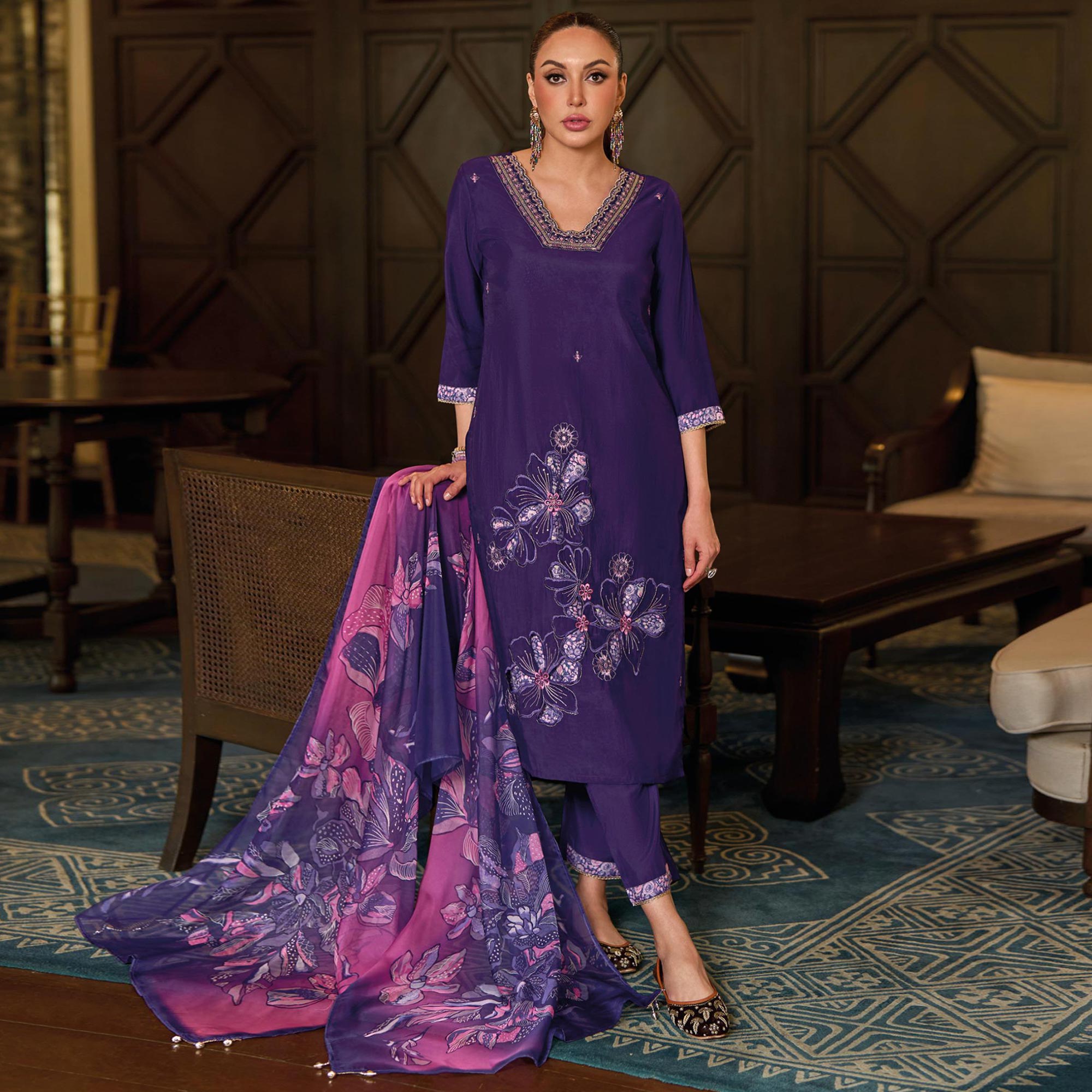 Peachmode Purple Floral Handwork Embroidered Viscose Salwar Suit