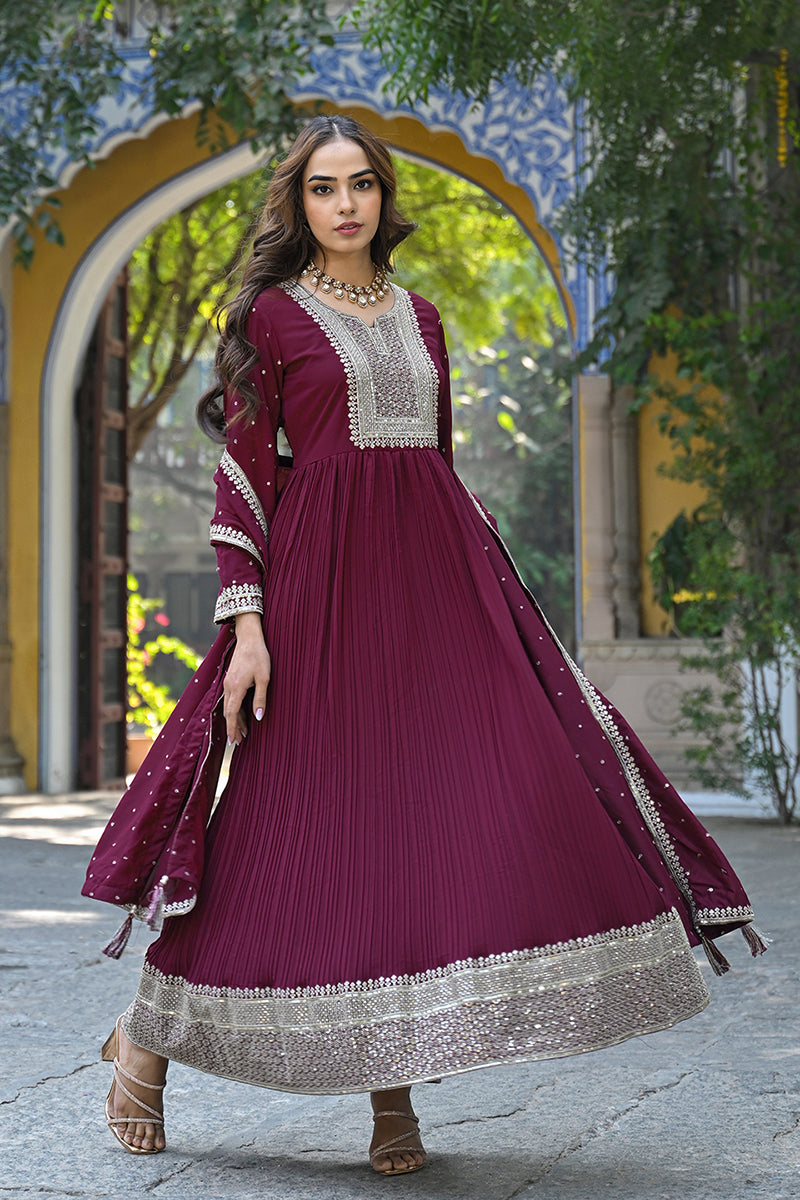 Ahika Magenta Georgette Solid Yoke Design Sequined Anarkali Kurta dupatta Set VKSET1480 - view 3