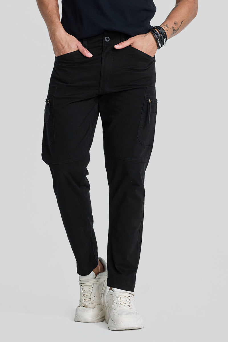 SNITCH Black Slim Fit Cargo Pants
