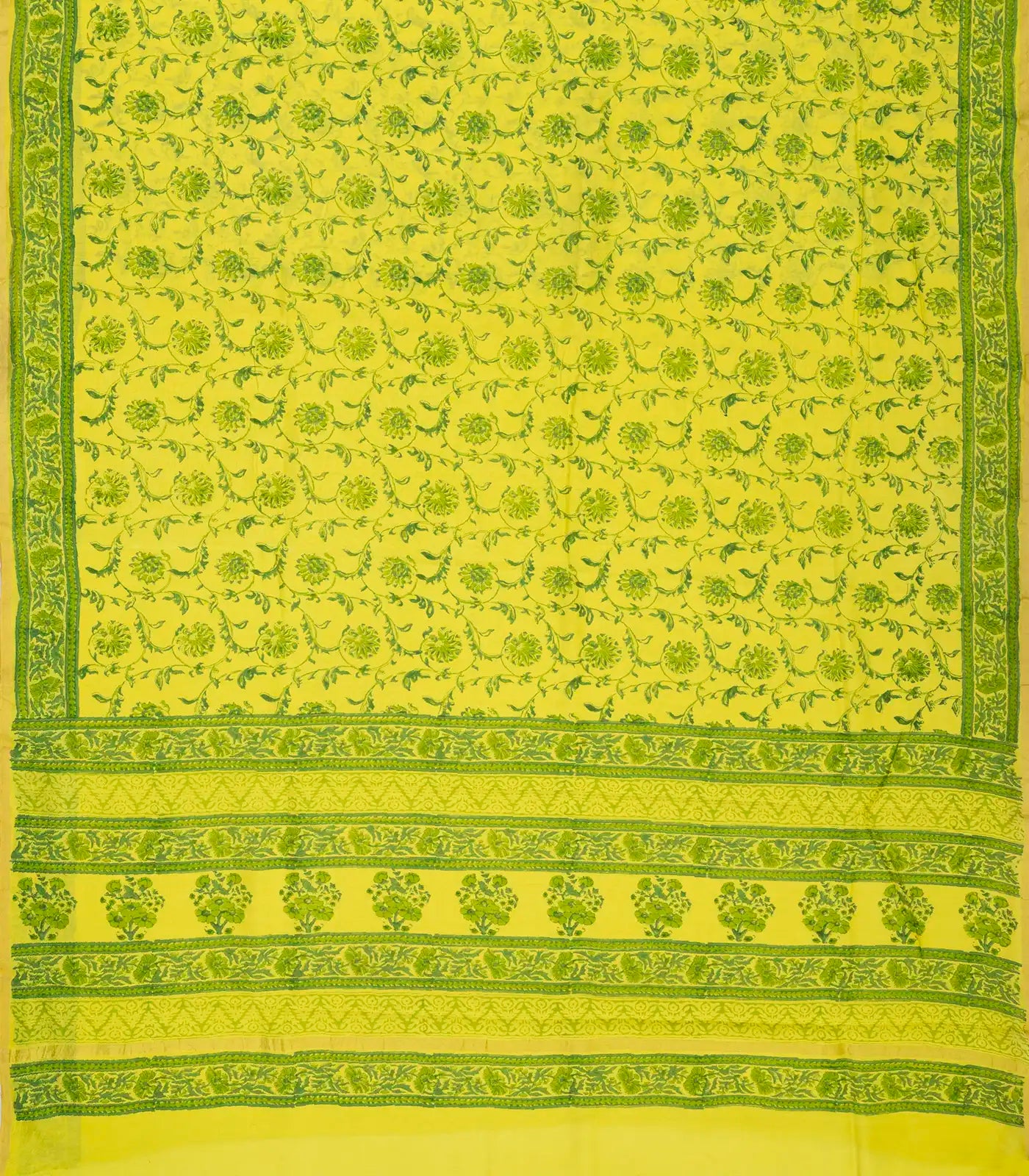 RmKV Lemon Yellow Handloom Chanderi Cotton Saree With Printed Green Floral Motif - view 2