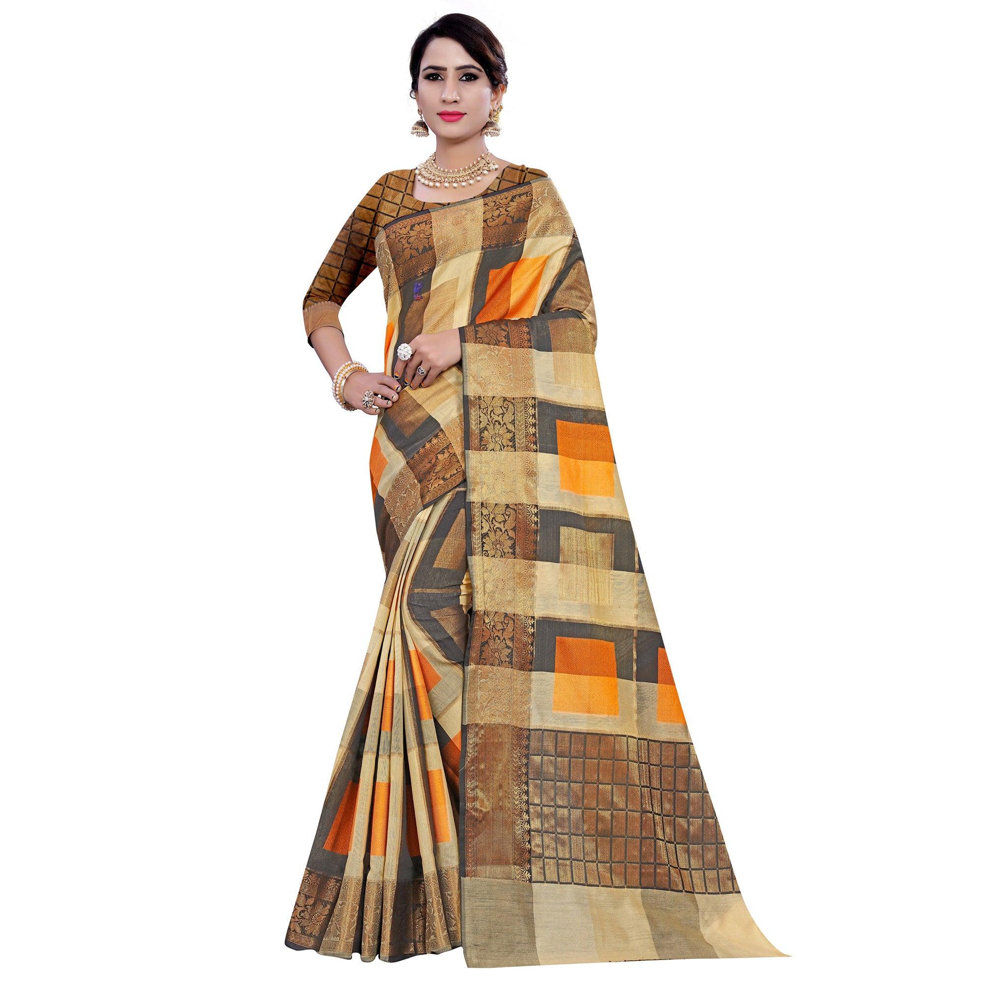 Peachmode Ethnic Beige-Orange Colored Casual Printed Pure Cotton Jacquard Saree
