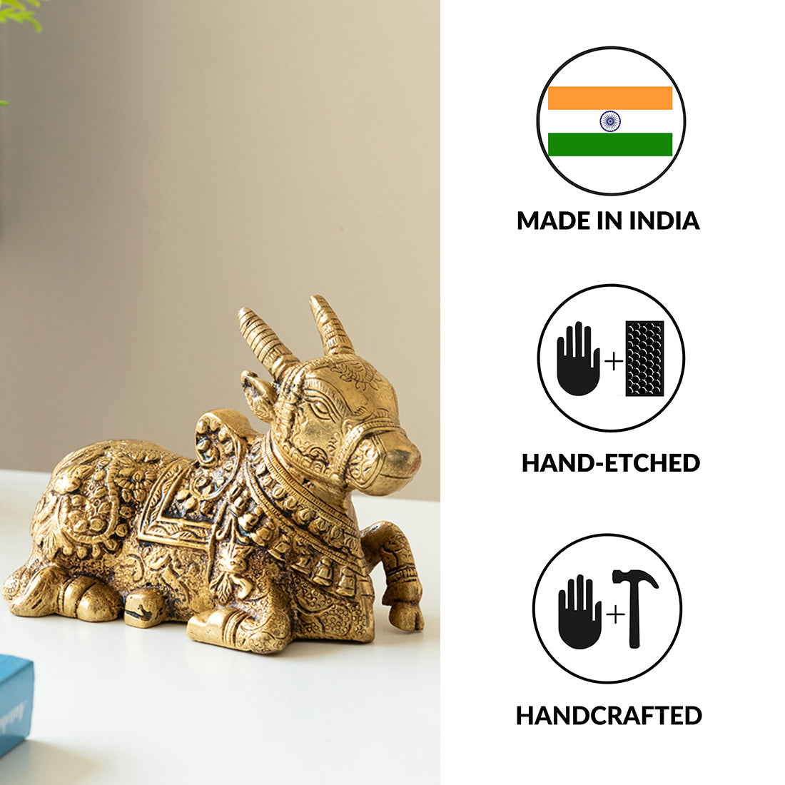 EXCLUSIVELANE 'Nandi' Carved Brass Showpiece Idol (Hand-Etched, 0.9 Kg) - view 7