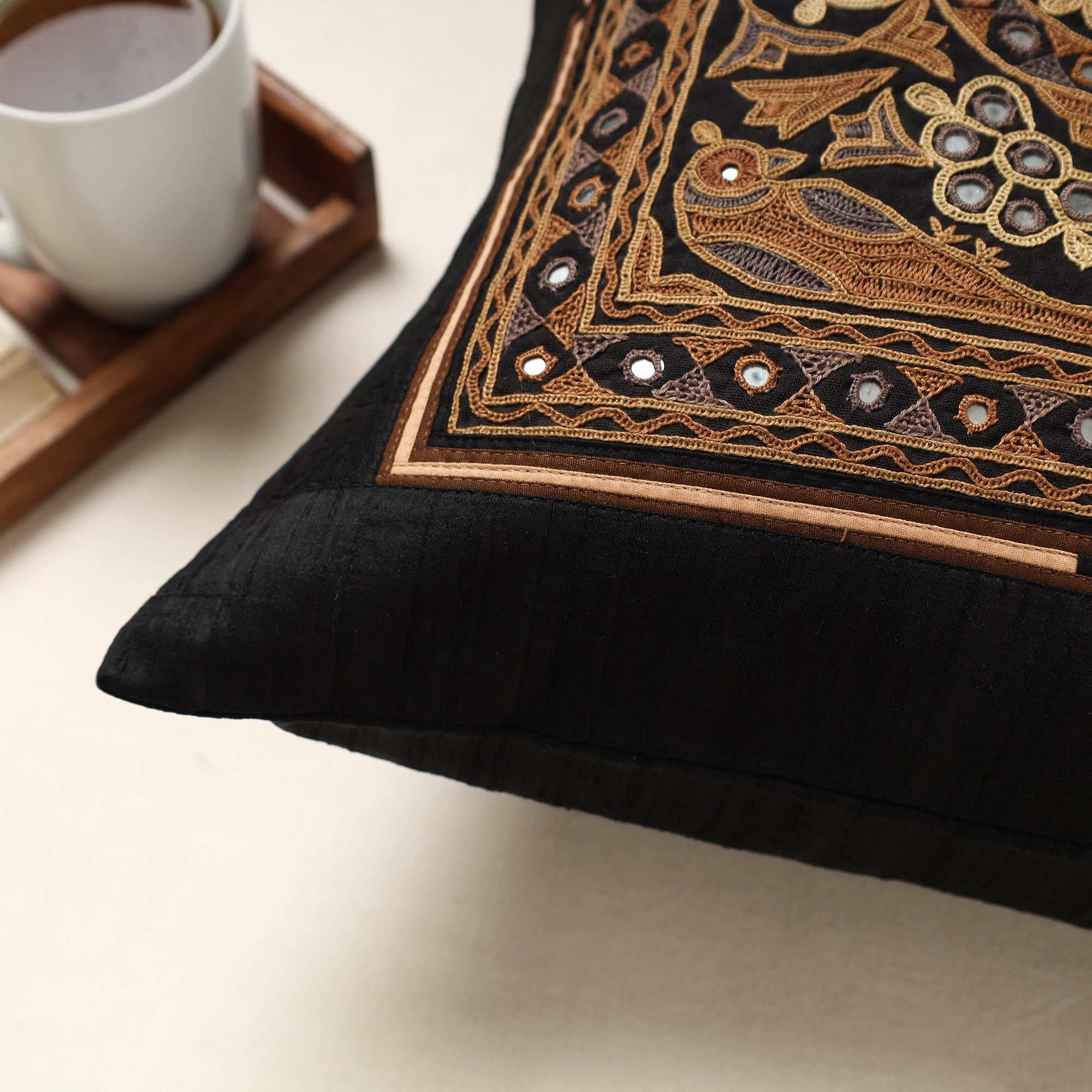 QASAB Black - Kutch Ahir Hand Embroidery Silk Cushion Cover (16 x 16 in) - view 2
