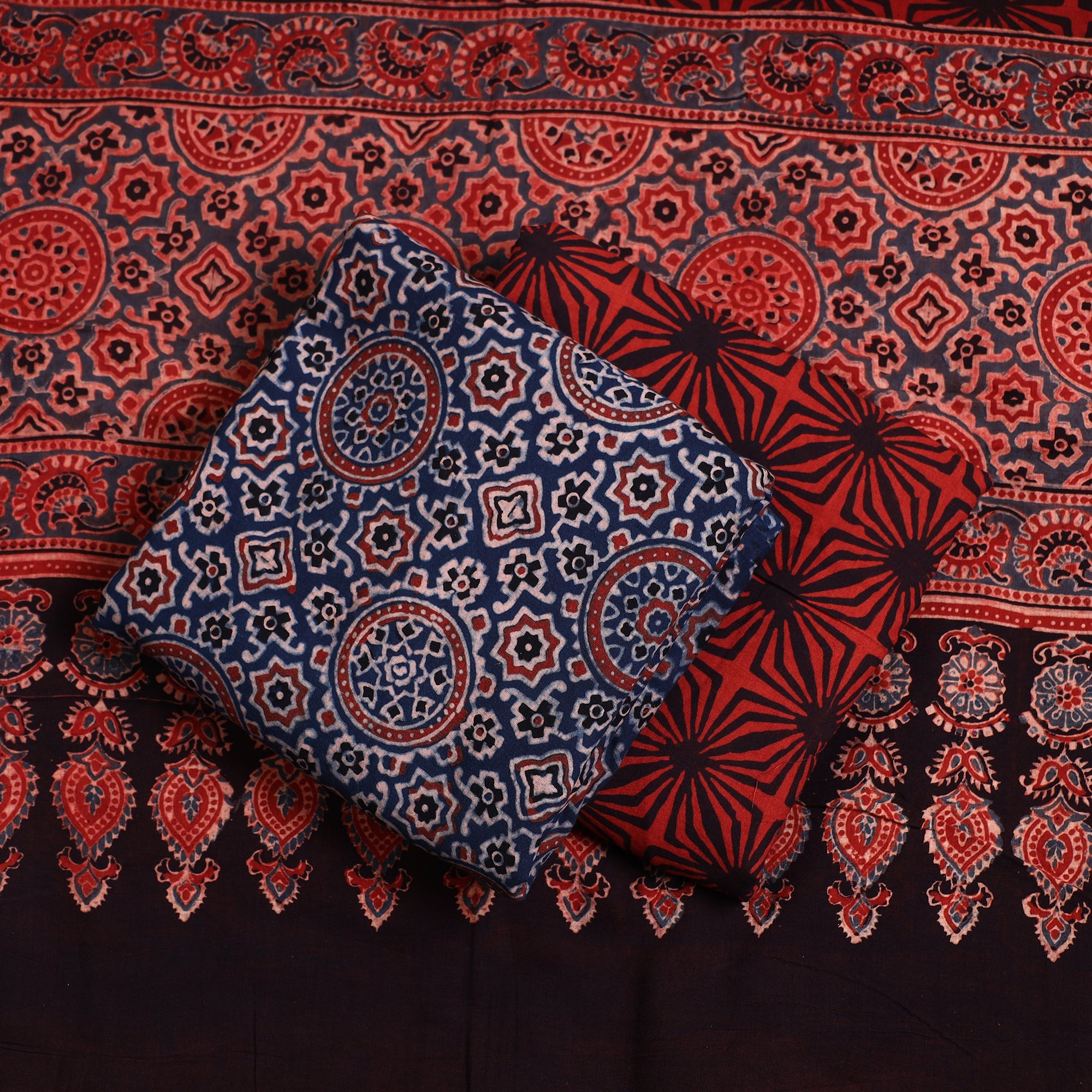AJRAKH BY SUFIYAN ISMAIL KHATRI Blue - Ajrakh Block Printed Cotton 3pc Suit Material Set - view 2