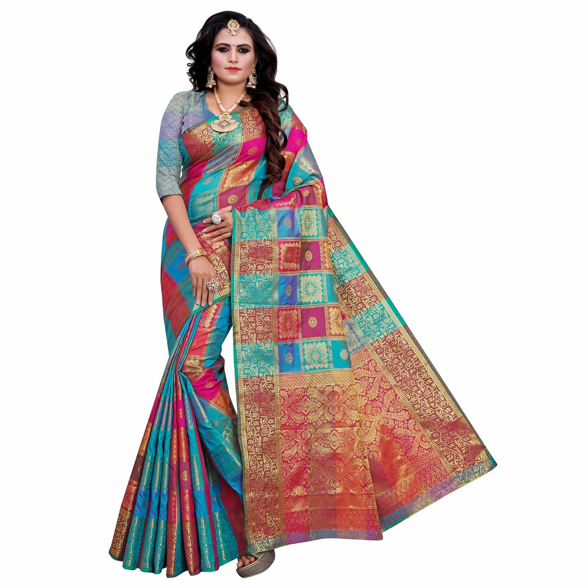 Peachmode Exotic Blue-Multi Colored Festive Wear Woven Work Art Silk Saree