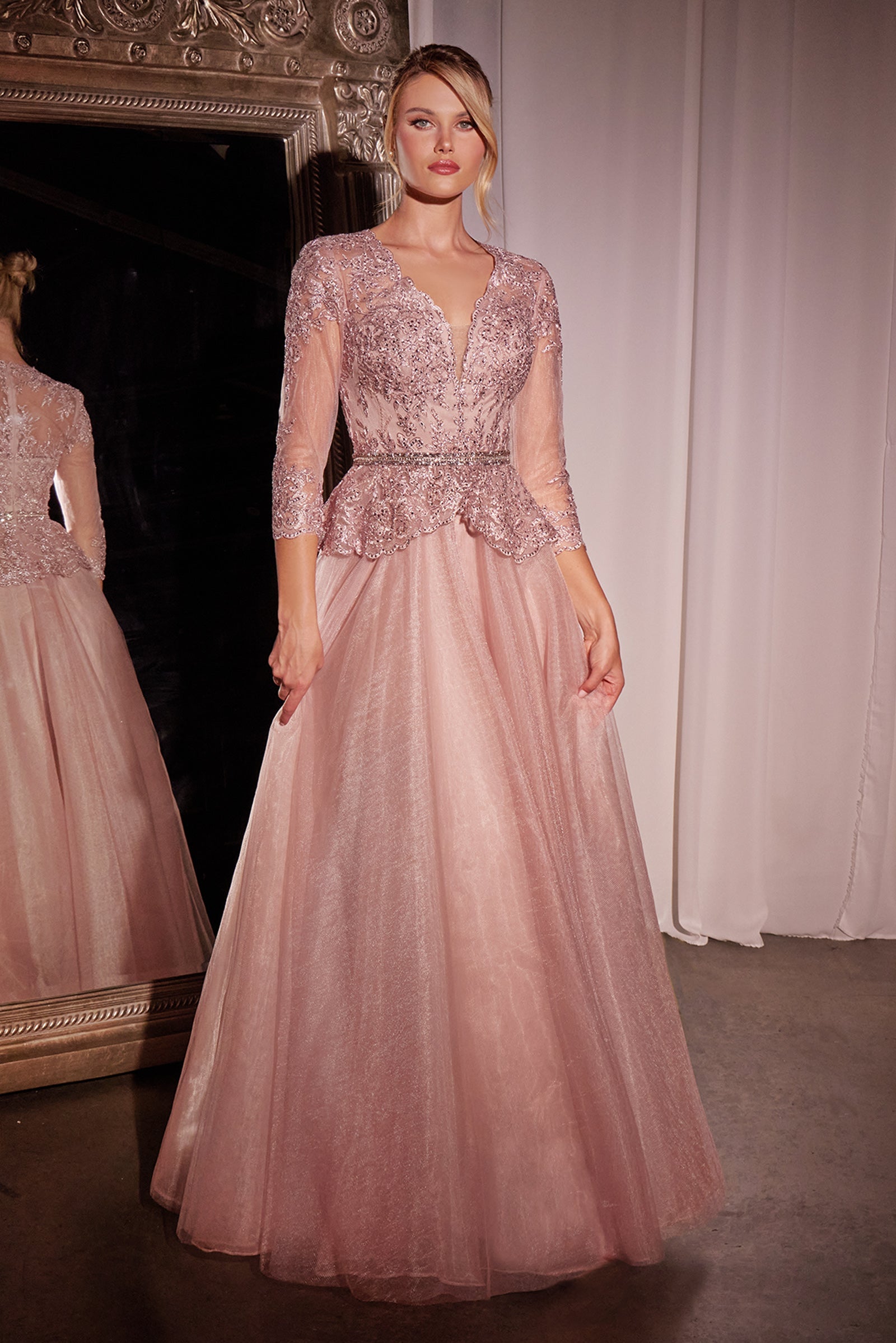 Cinderella Divine Applique 3/4 Sleeve A-line Gown by Ladivine CD789