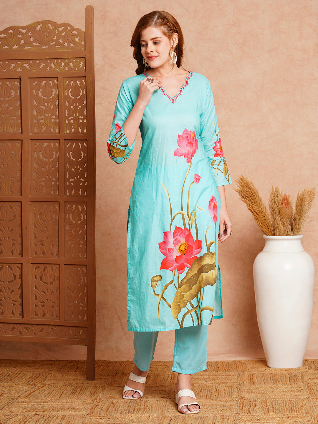 FASHOR Floral Printed Straight Fit Kurta with Pant - Blue