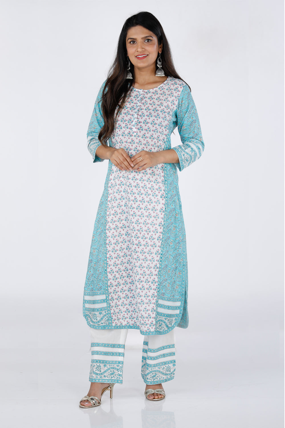 Kalanjali Ethnics Hand block printed cotton paneled Kurti with pants