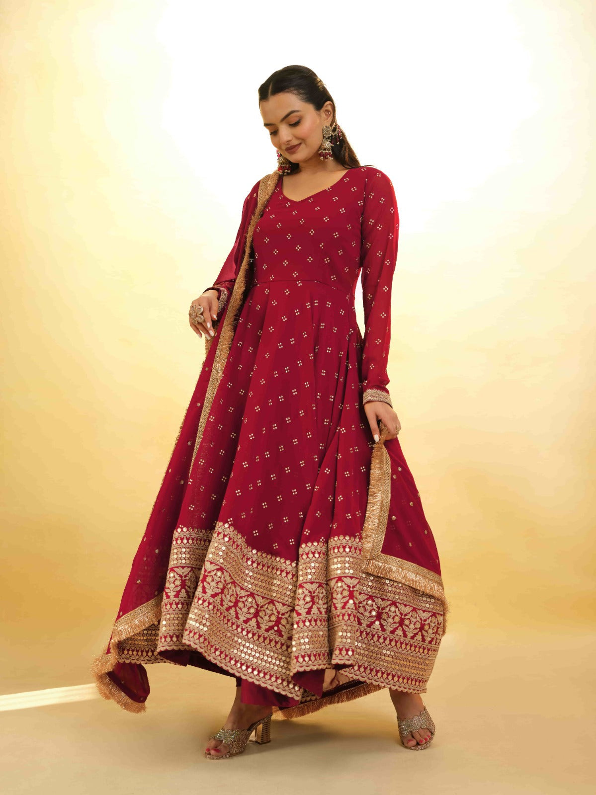 ClothsVilla Maroon Georgette Suit with Embroidery and Shantoon Bottom - view 3