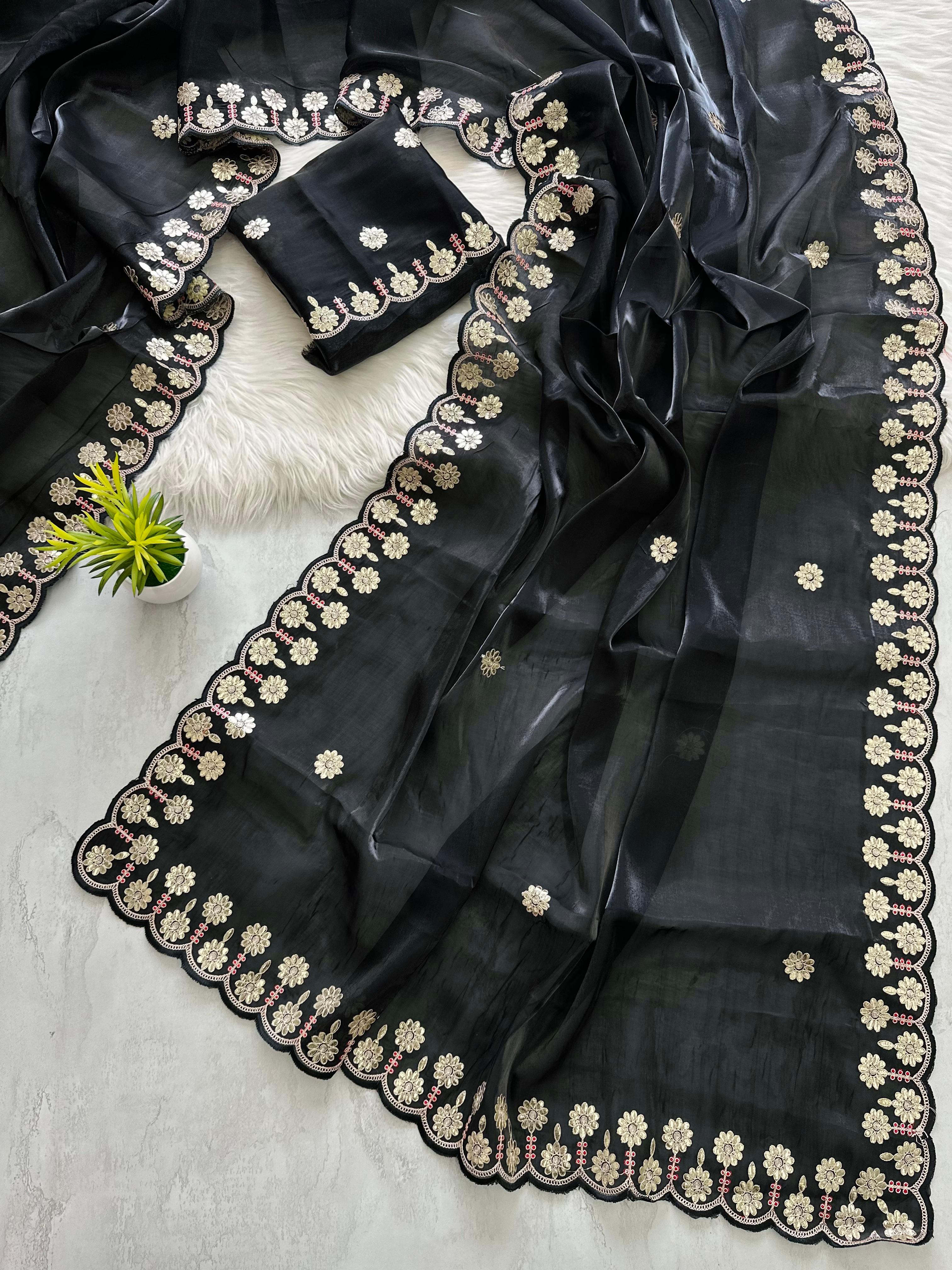 ClothsVilla Black Jimmy Choo Saree with Beautiful Jaipuri Gota Work – Complete with Matching Running Blouse - view 2