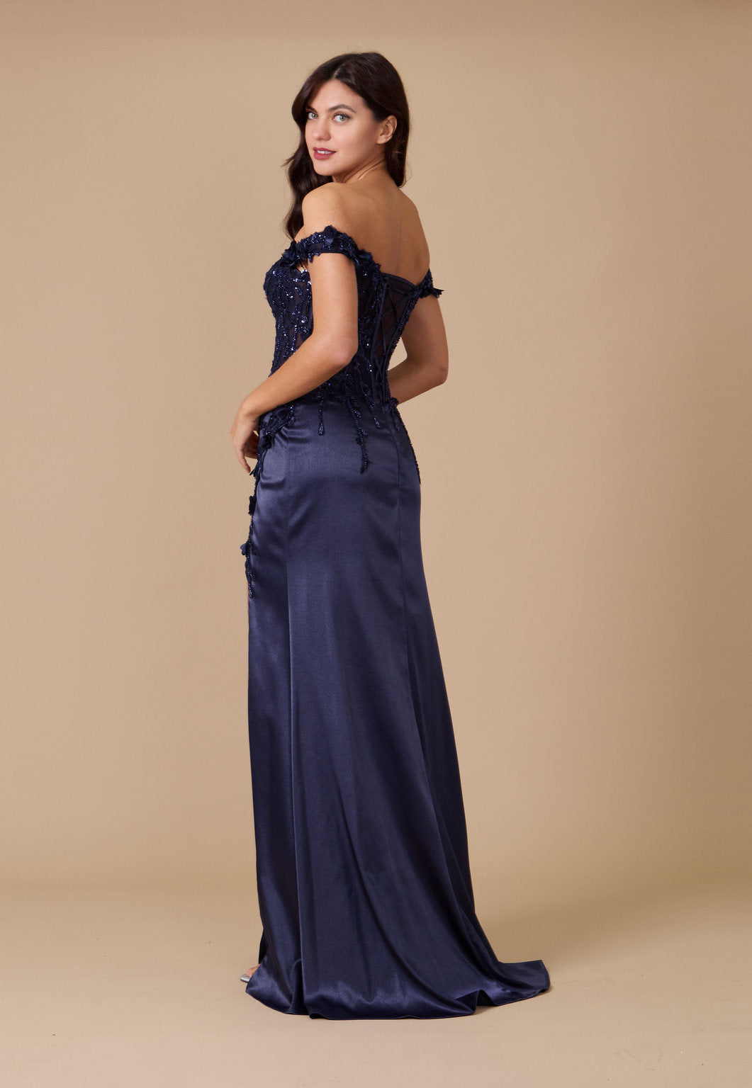 Dylan & Davids Fitted Corset Off the Shoulder Formal Prom Dress Navy - view 3