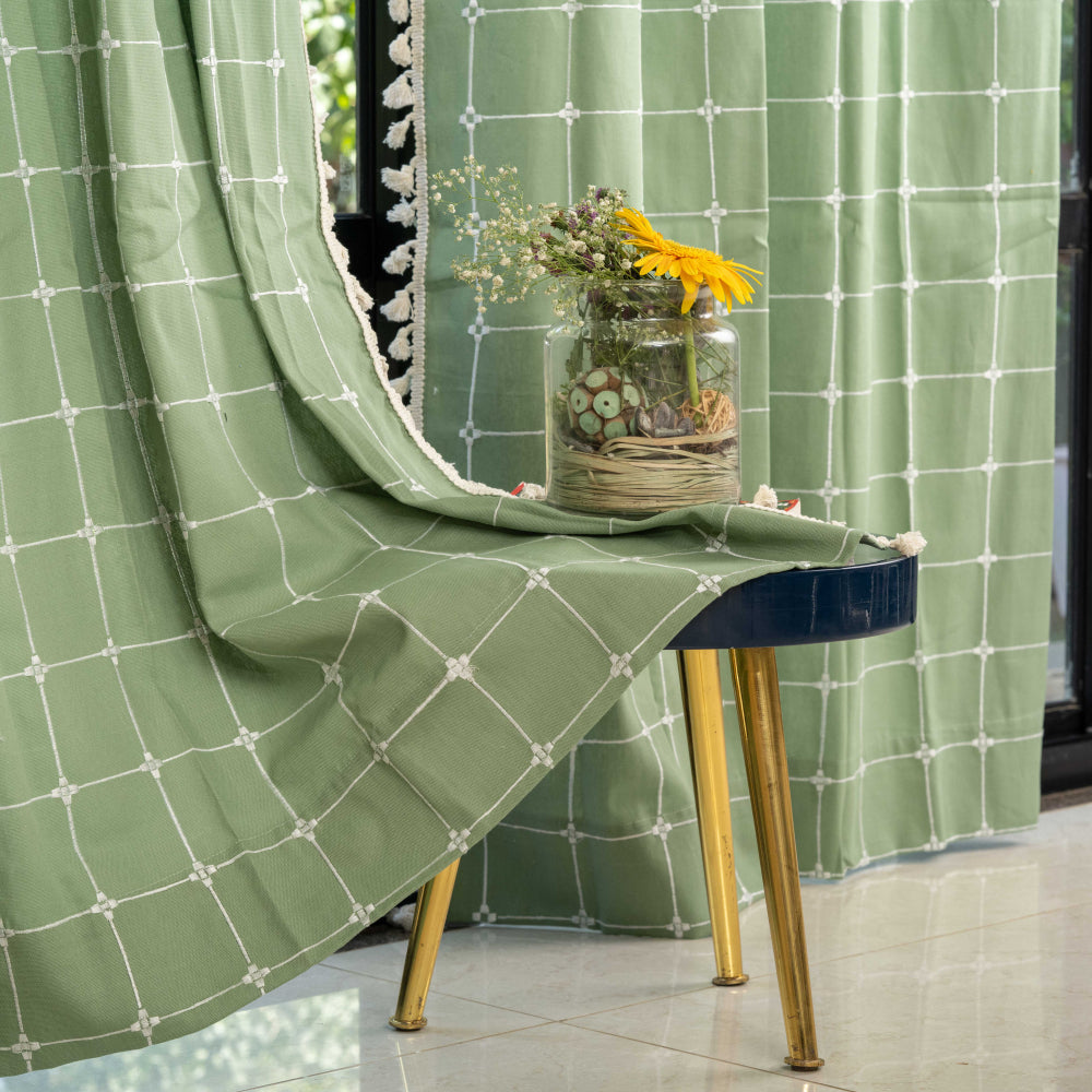 Premium 100 cotton – Urban Space -Home Furnishing Store Premium 100% Cotton Embroidery Curtain for Window & Door - Pack of 1 Curtain, Sage Green Checks