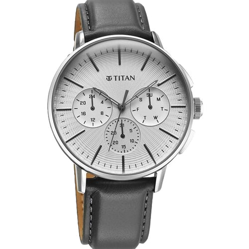 Titan Light leathers Multifunction Silver Dial Leather Strap Watch For Men 41.8mm 90200SL01