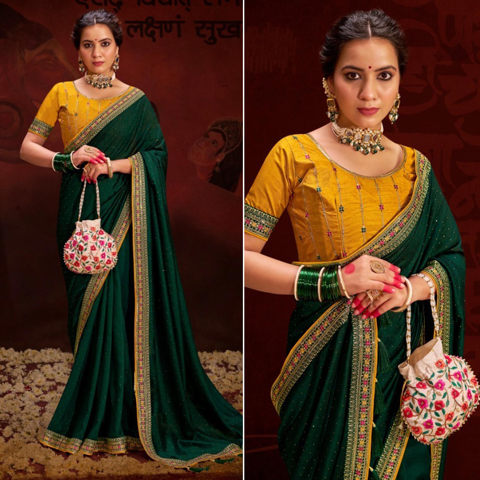 Peachmode Dark Green Embroidered Vichitra Silk Saree With Tassels
