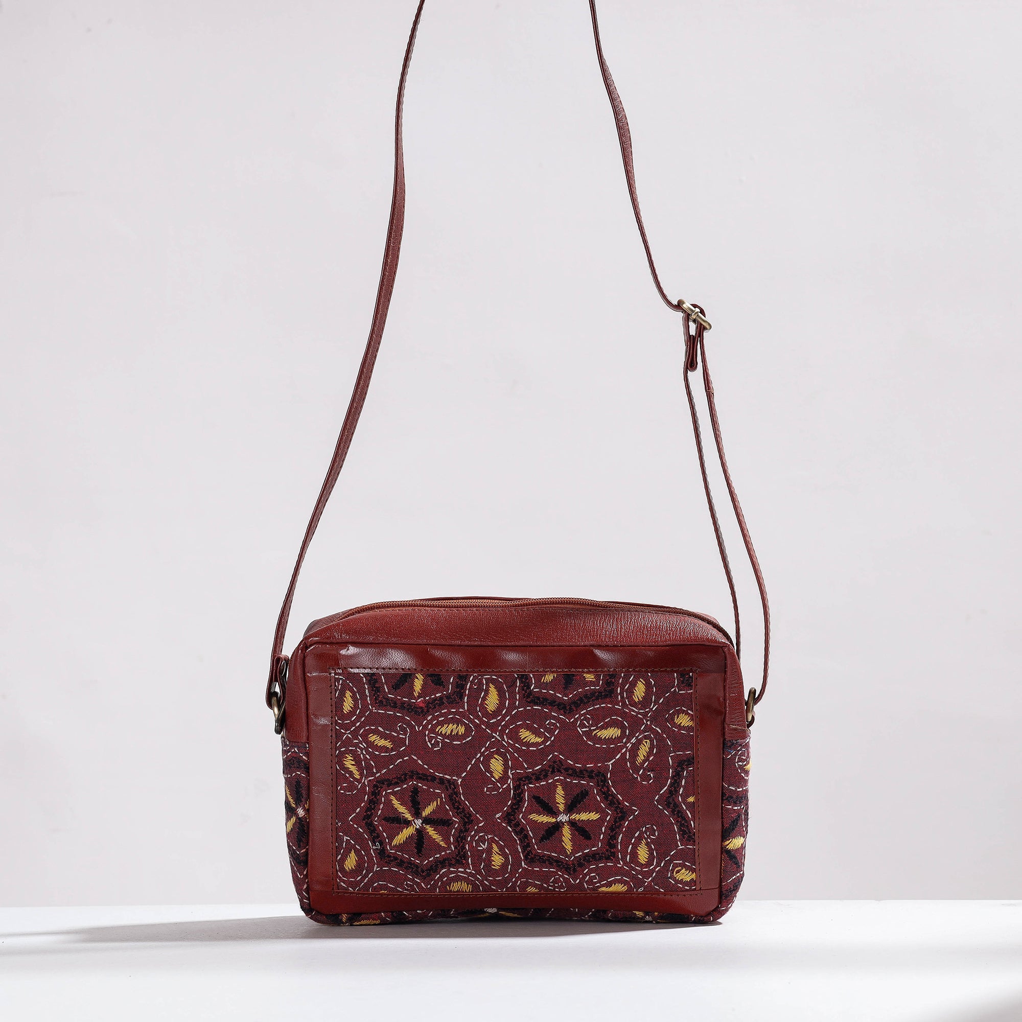ASALKAAR Brown - Handcrafted Kantha Embroidery Cotton & Leather Sling Bag - view 2