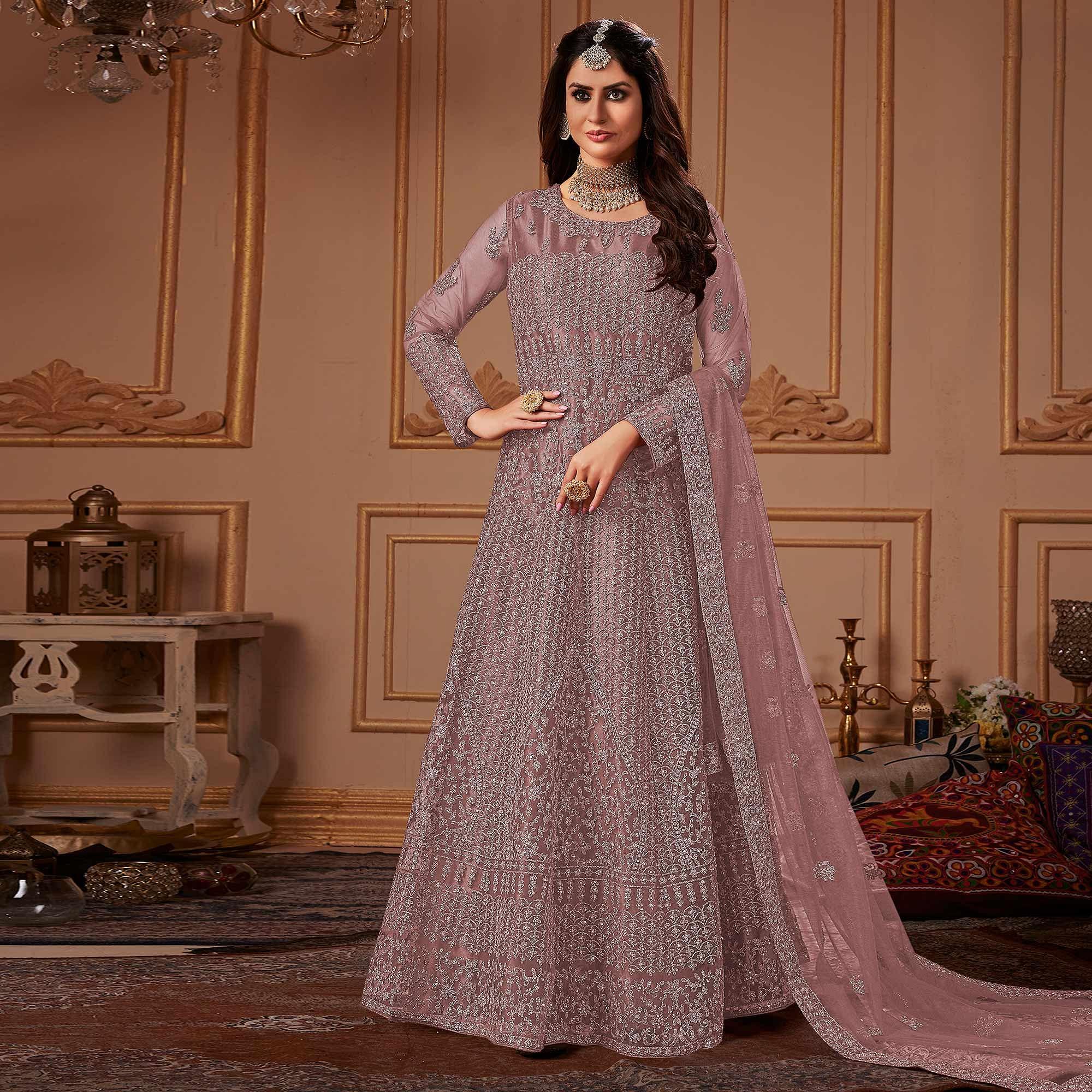 Peachmode Seller Mauve Partywear Embroidery With Embellished Net Gown